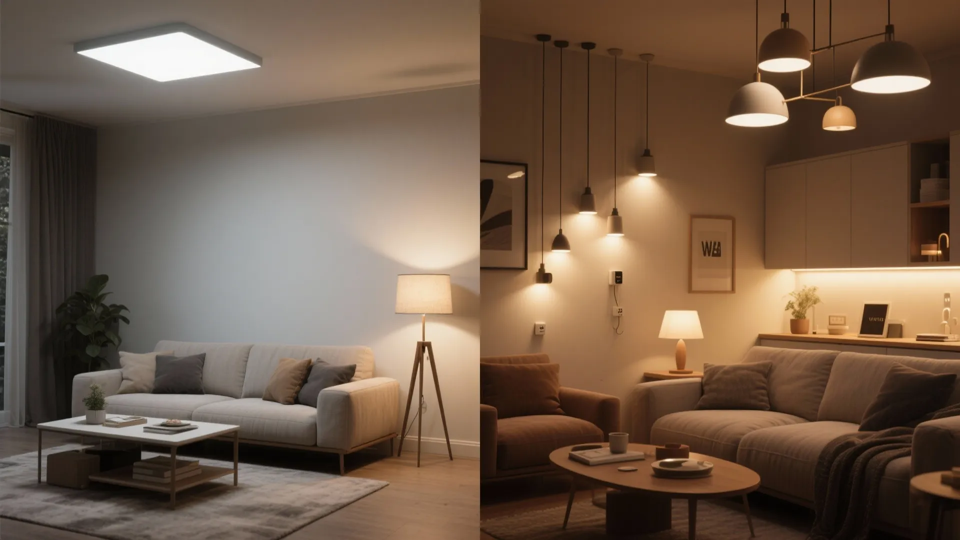 5. Layered ambient lighting with dimmable plug-in pendants
