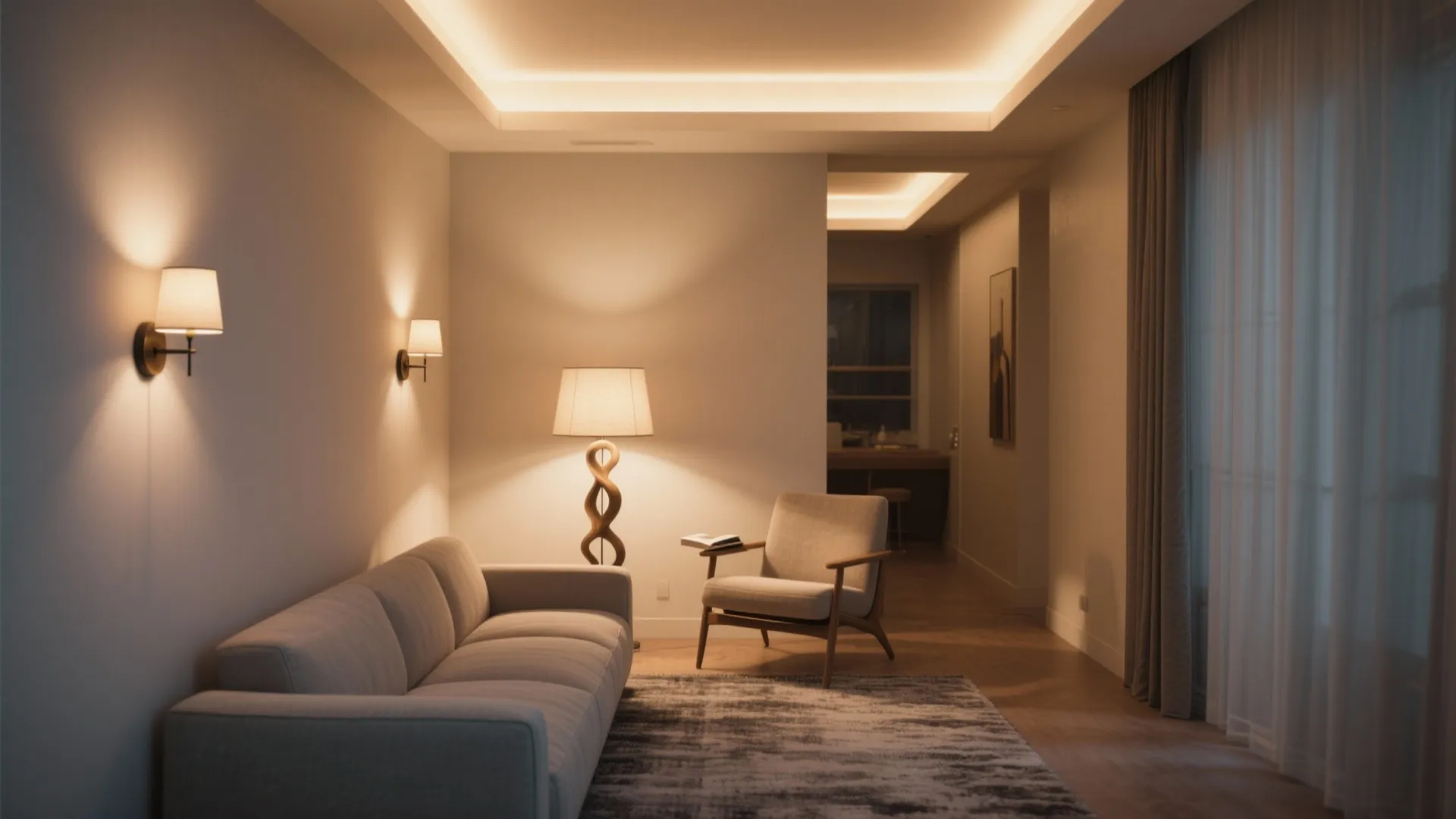 Narrow living room with dimmable ceiling light, wall sconces, and floor lamp creating layered ambient lighting