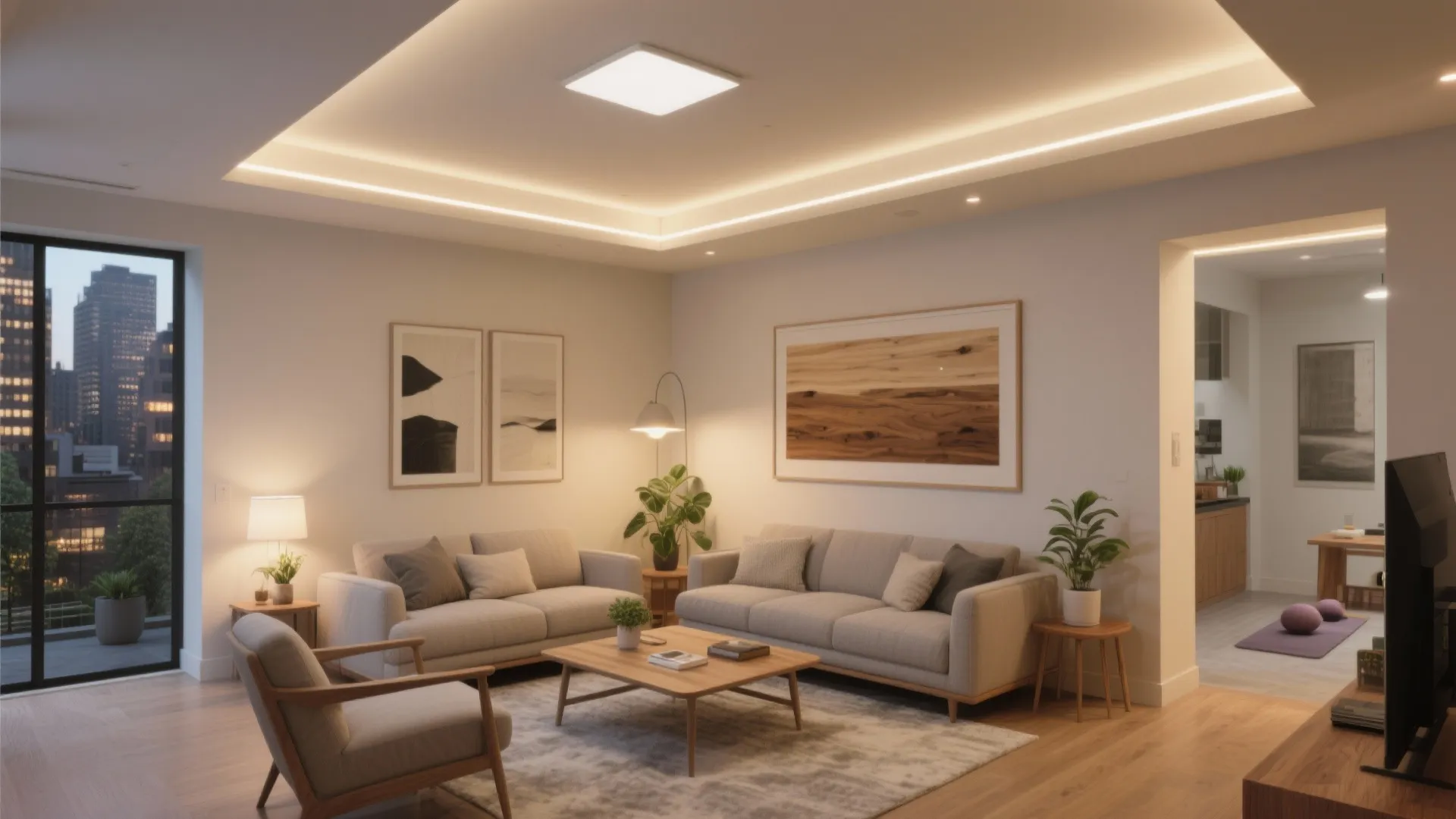 Layered ambient plan with flush mount and perimeter cove LEDs in a small living room.