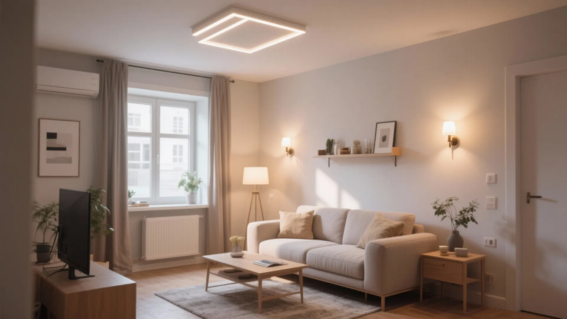 Cozy living room featuring square ceiling light wall light sofa coffee table and white door design