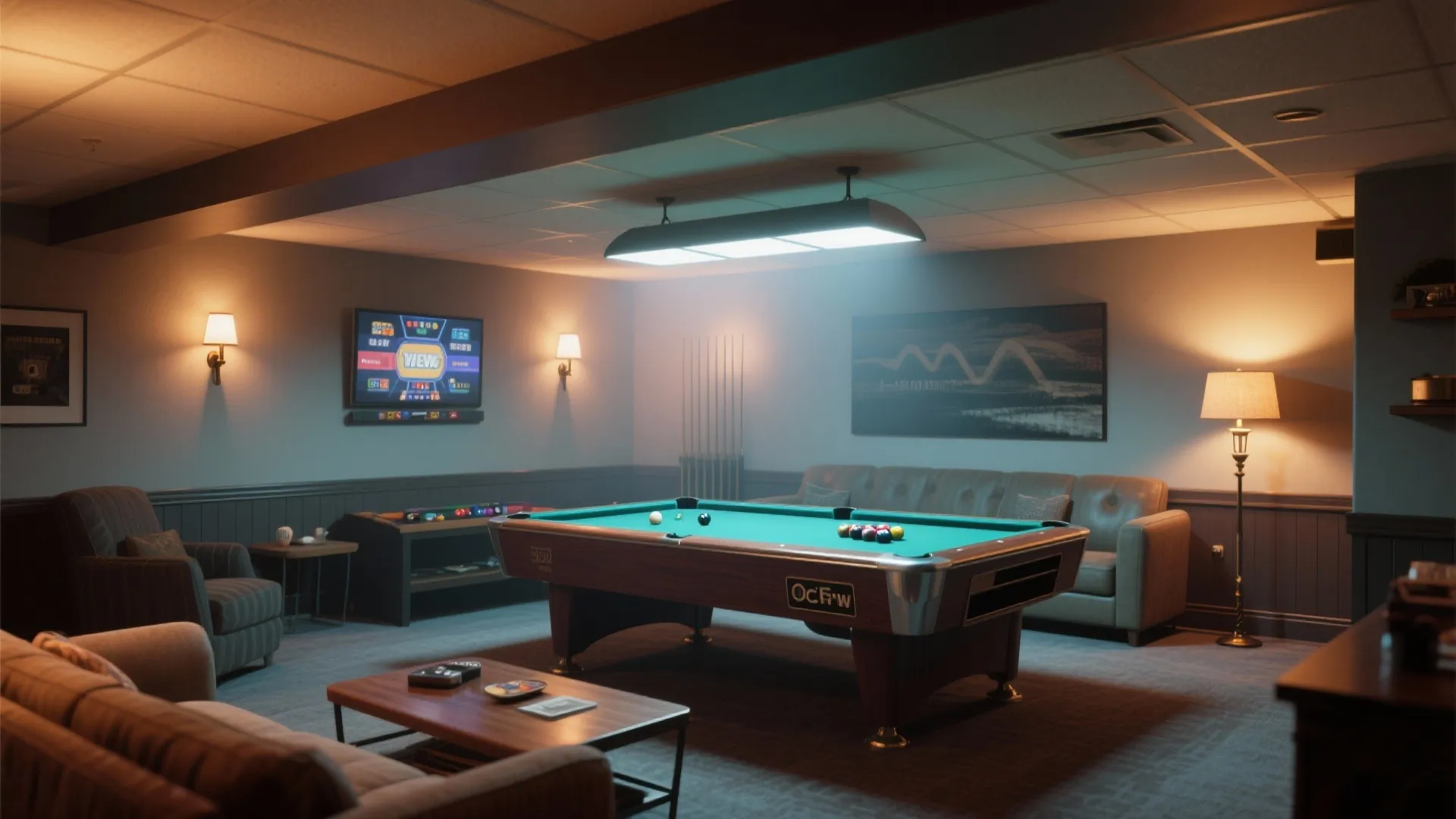 Basement game room with a pool table leather sofa floor lamp and multiple warm lights