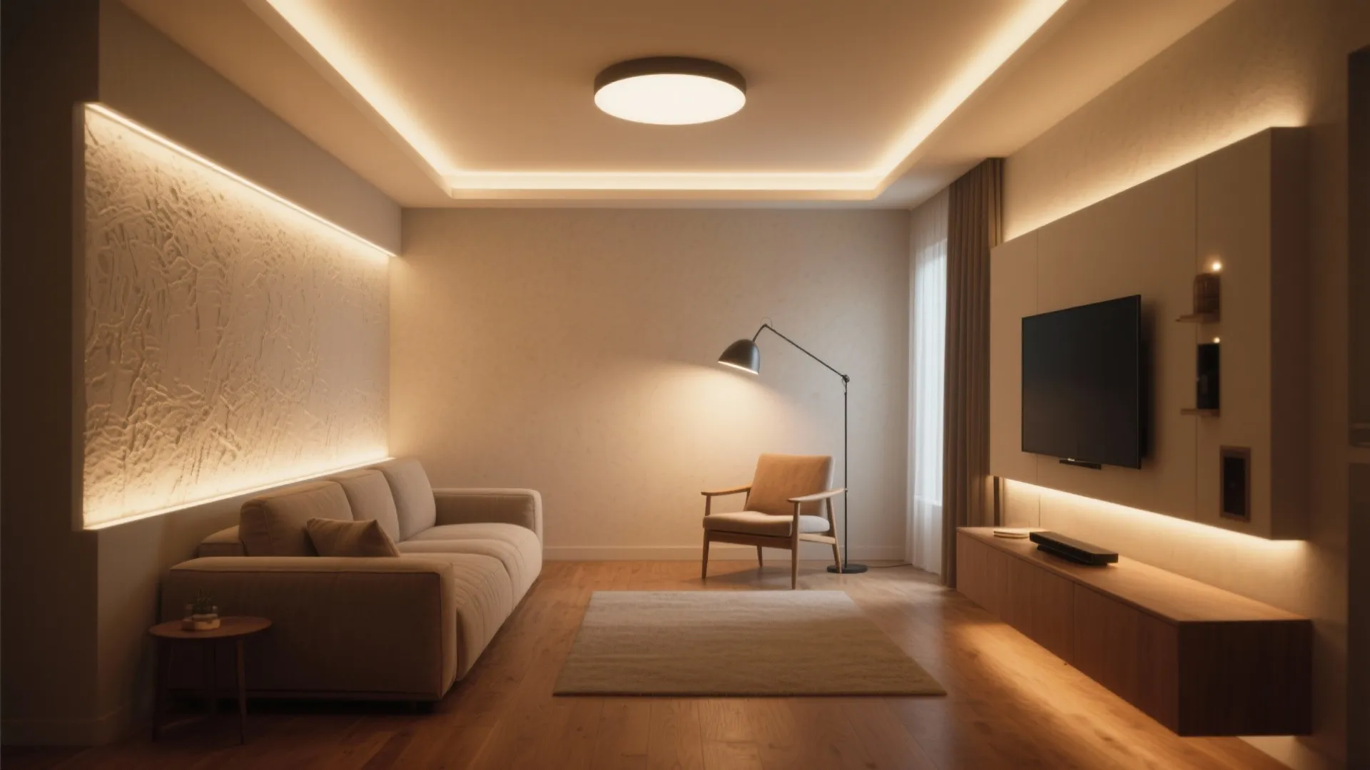 Cozy living room with warm layered lighting from ceiling lights floor lamp and wall strips