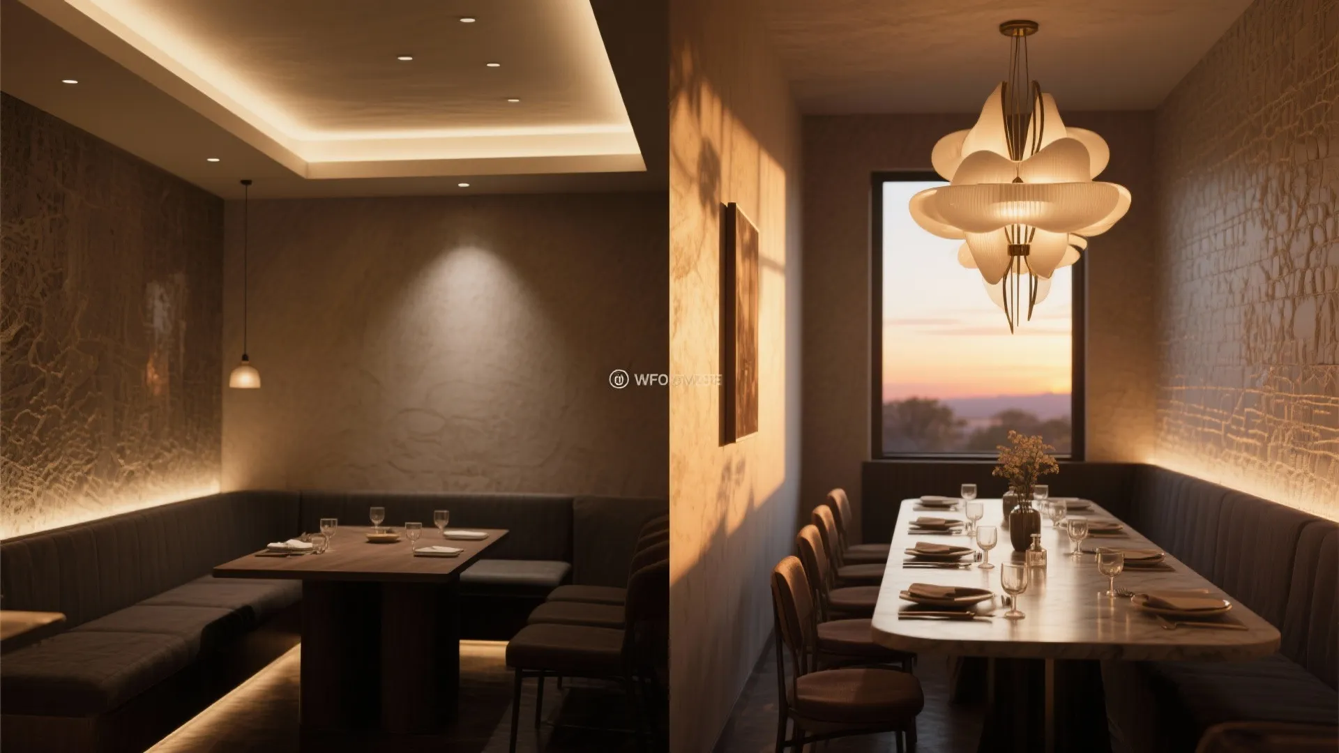 Interior design drawing showing two dining spaces with large ceiling light soft seating and windows