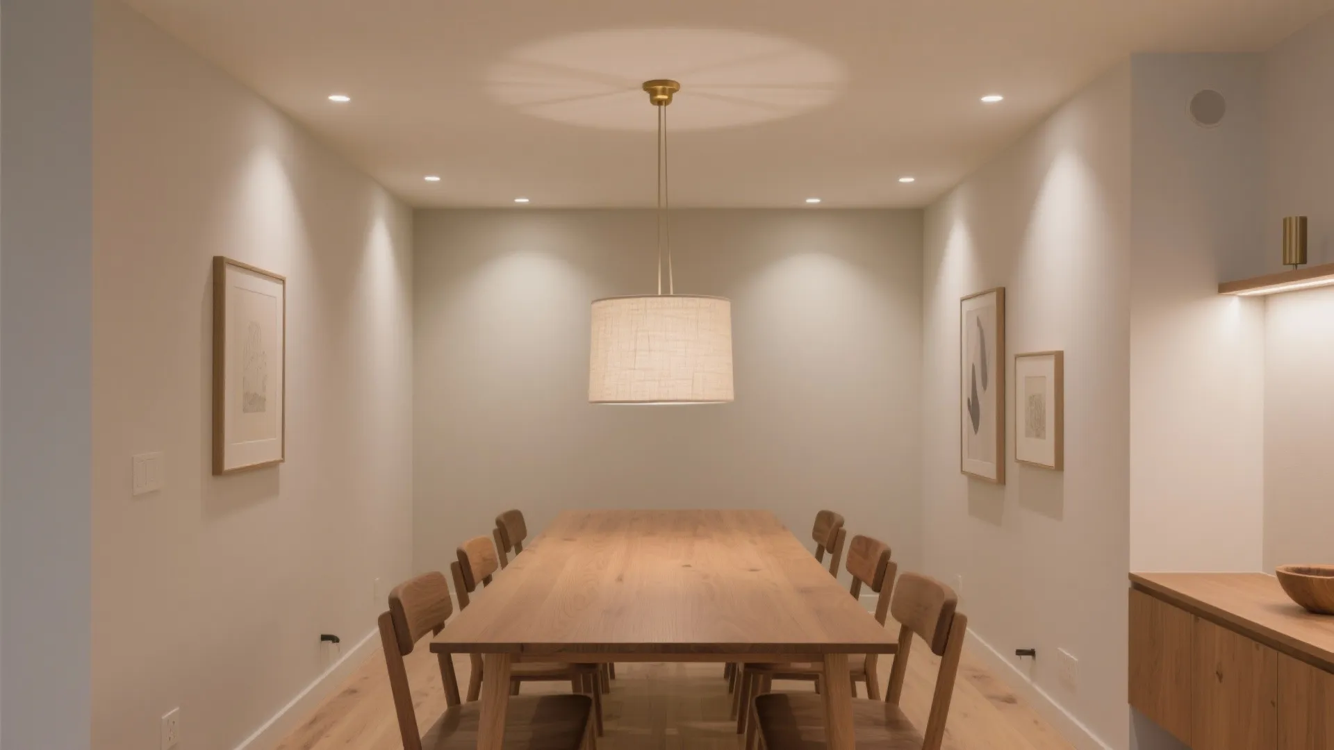 Minimalist dining room with long wooden table chairs large ceiling light and white wall art decor