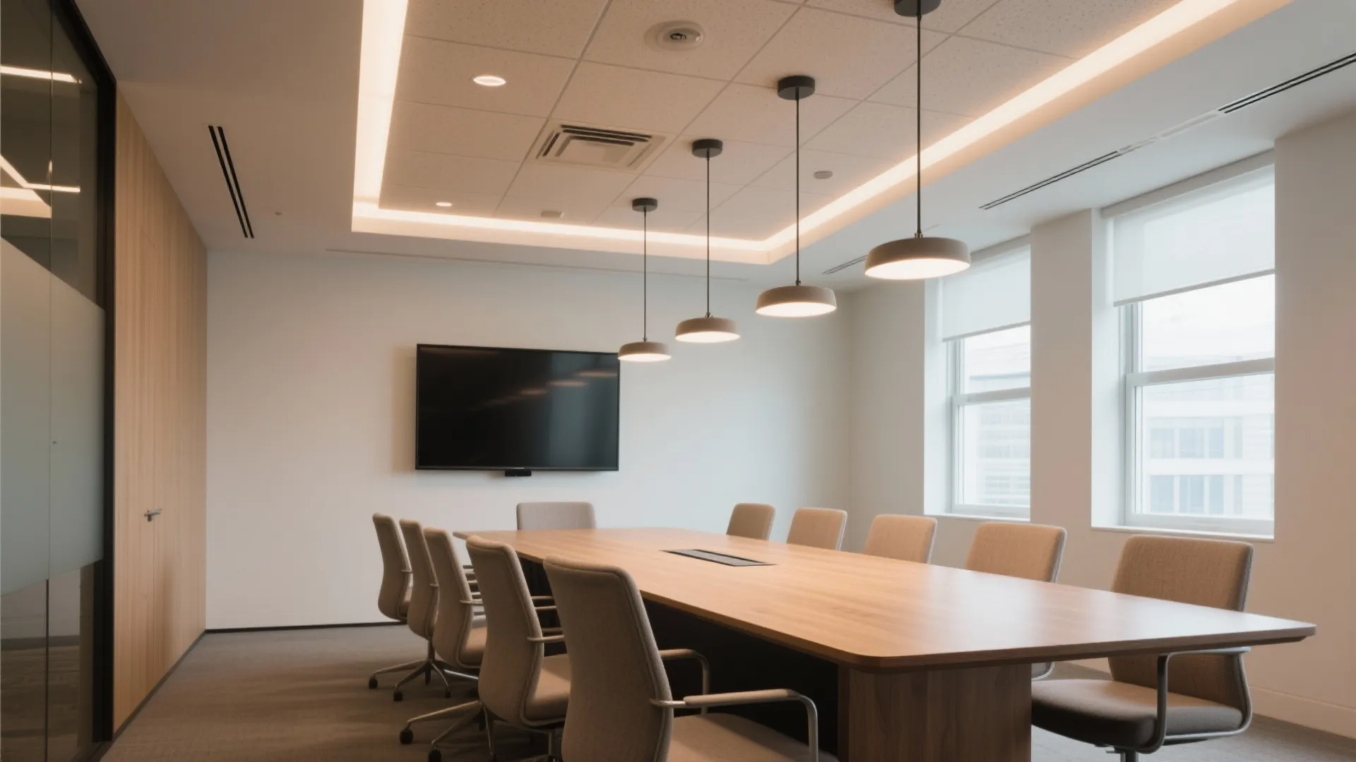Modern conference room featuring a long wooden table beige chairs black television with hanging lights