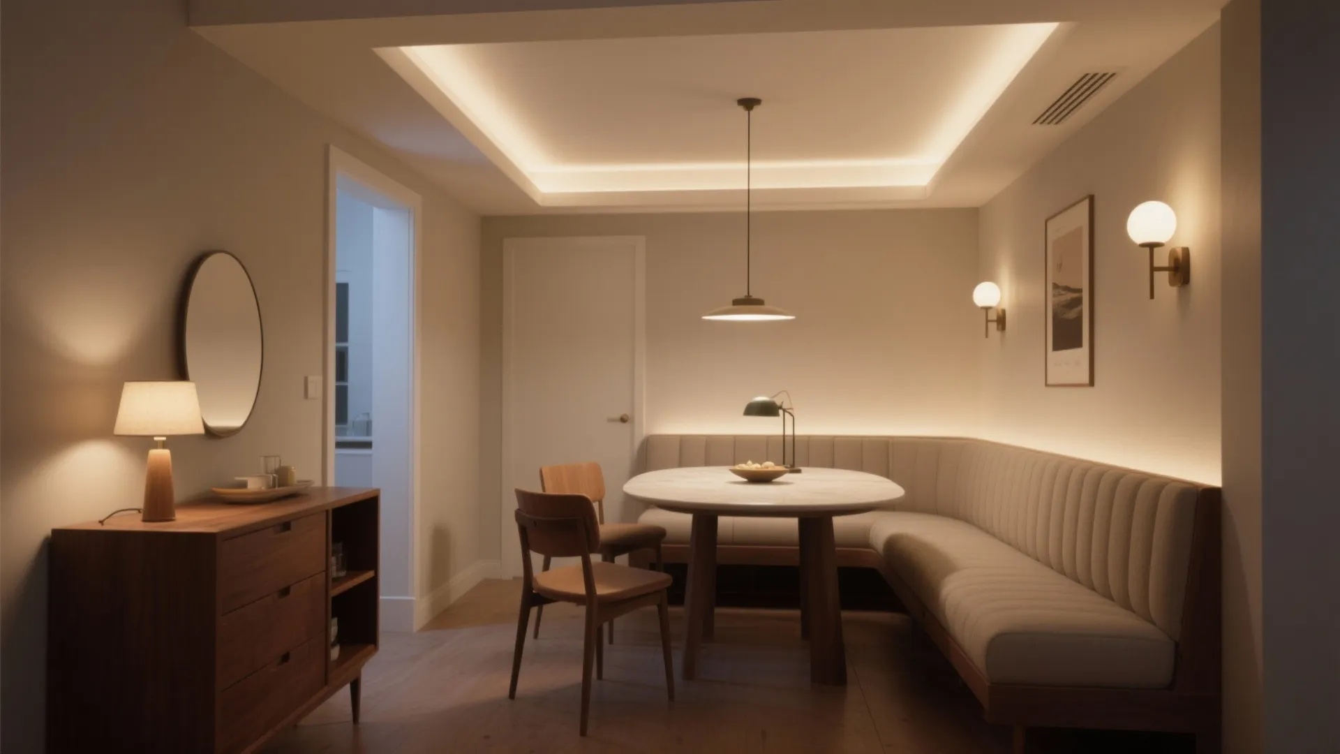 Modern dining area with corner sofa wood chairs round table wall light and warm ceiling light