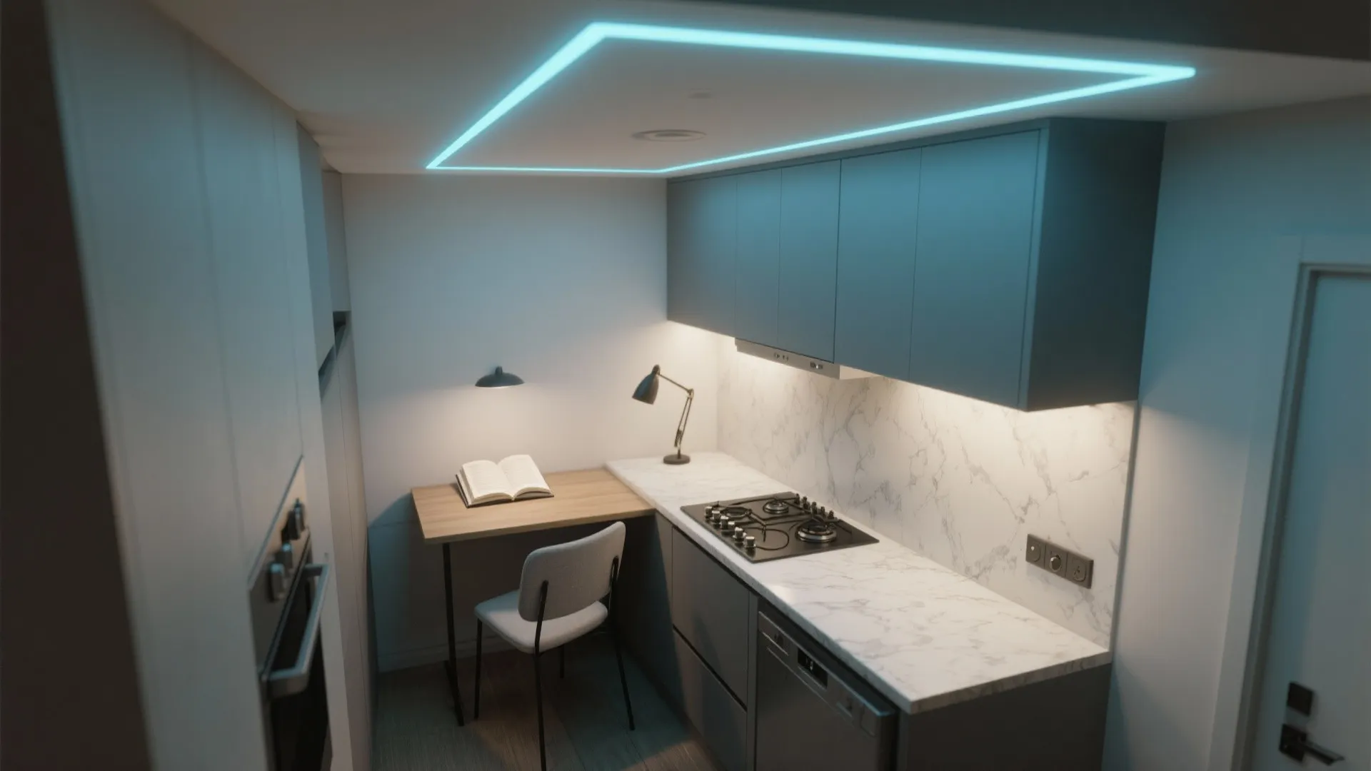 Small kitchen with grey cabinets marble counter top wooden desk area and blue square ceiling light