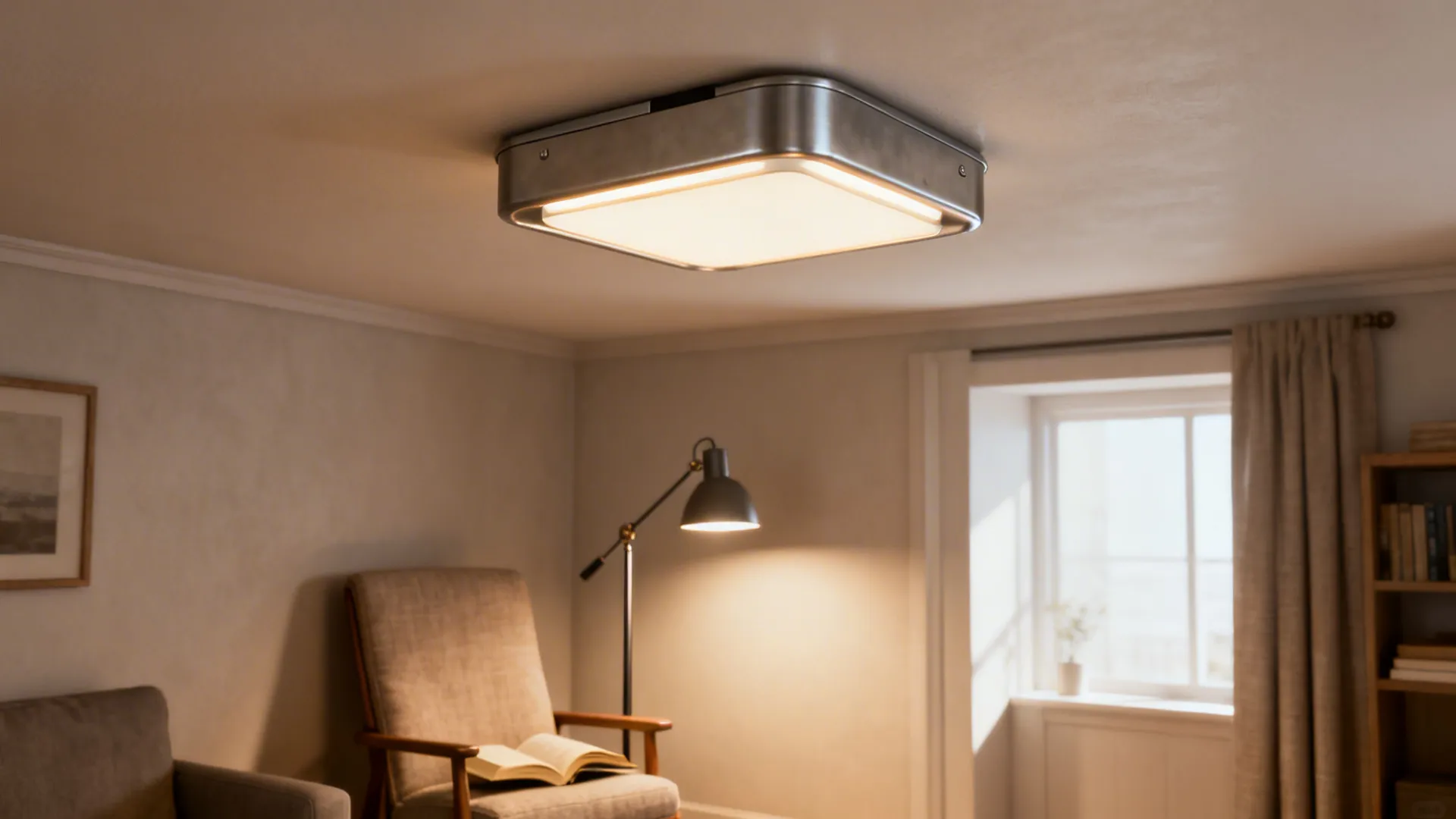 Low-profile ceiling fixture paired with an adjustable floor lamp beside a reading chair in a small living room.