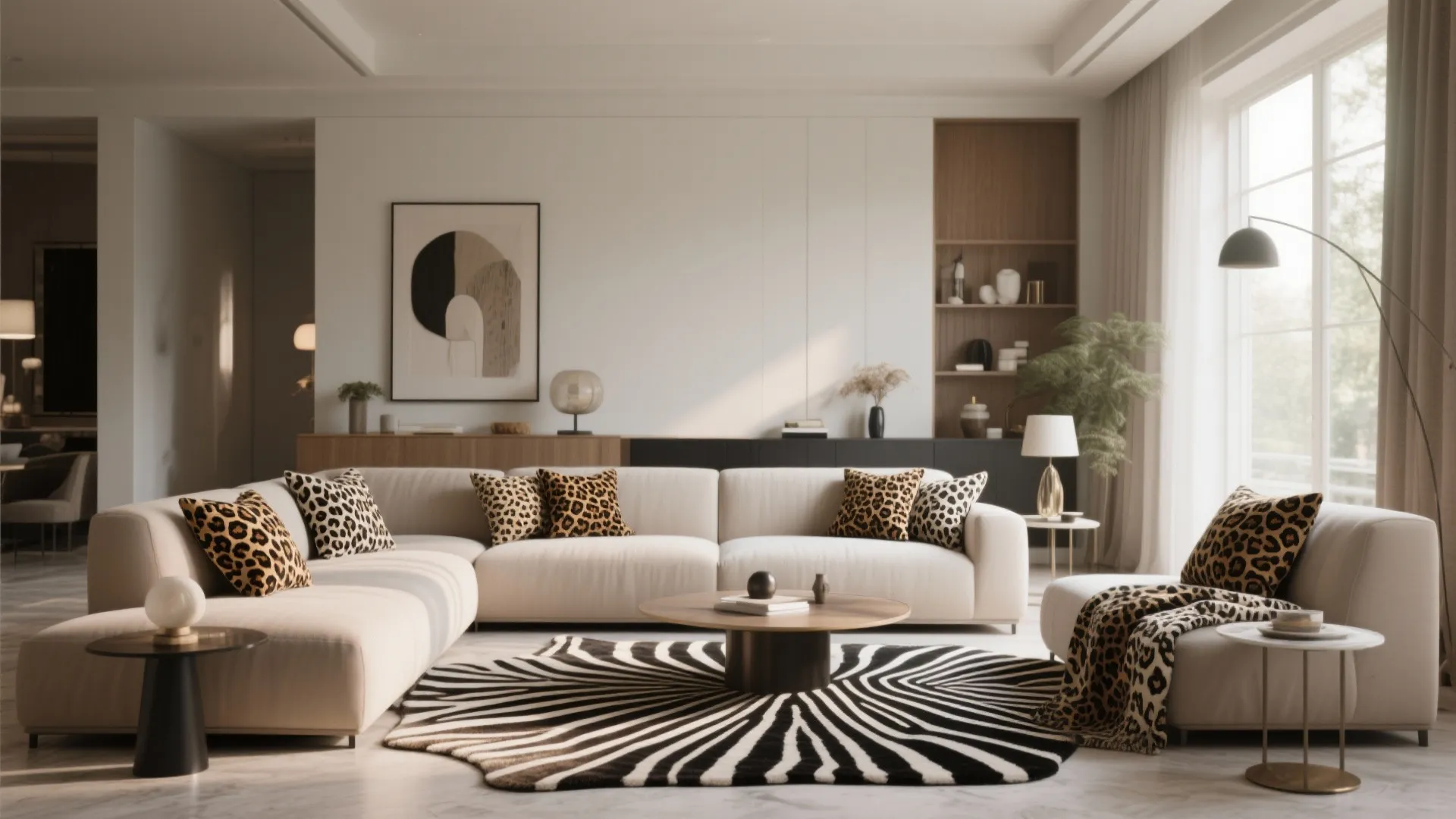 Large living room featuring white sofa with leopard pillows zebra rug and round wooden table
