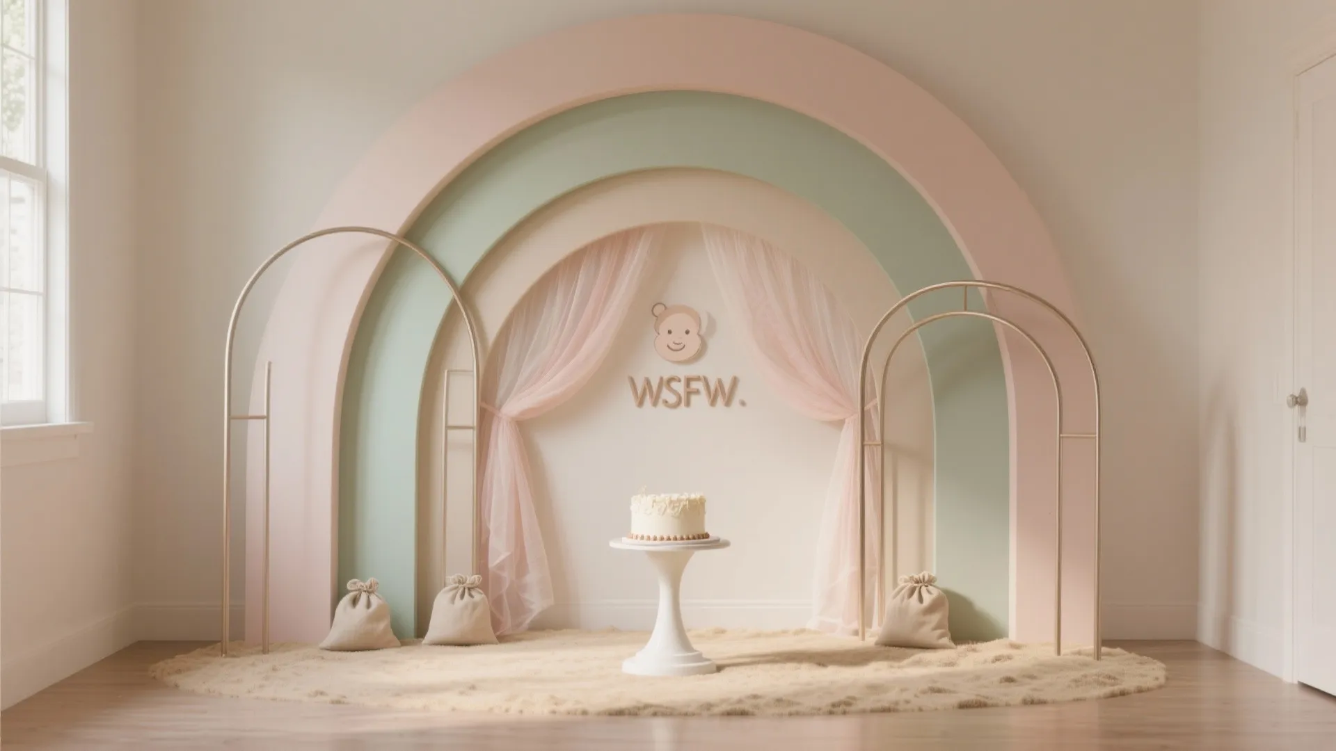 Pink and green layered arch backdrop with white cake stand and soft pink fabric curtains