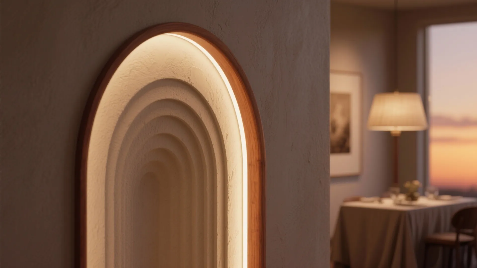 Modern wall design with layered arch shapes and hidden warm light strip in dining room