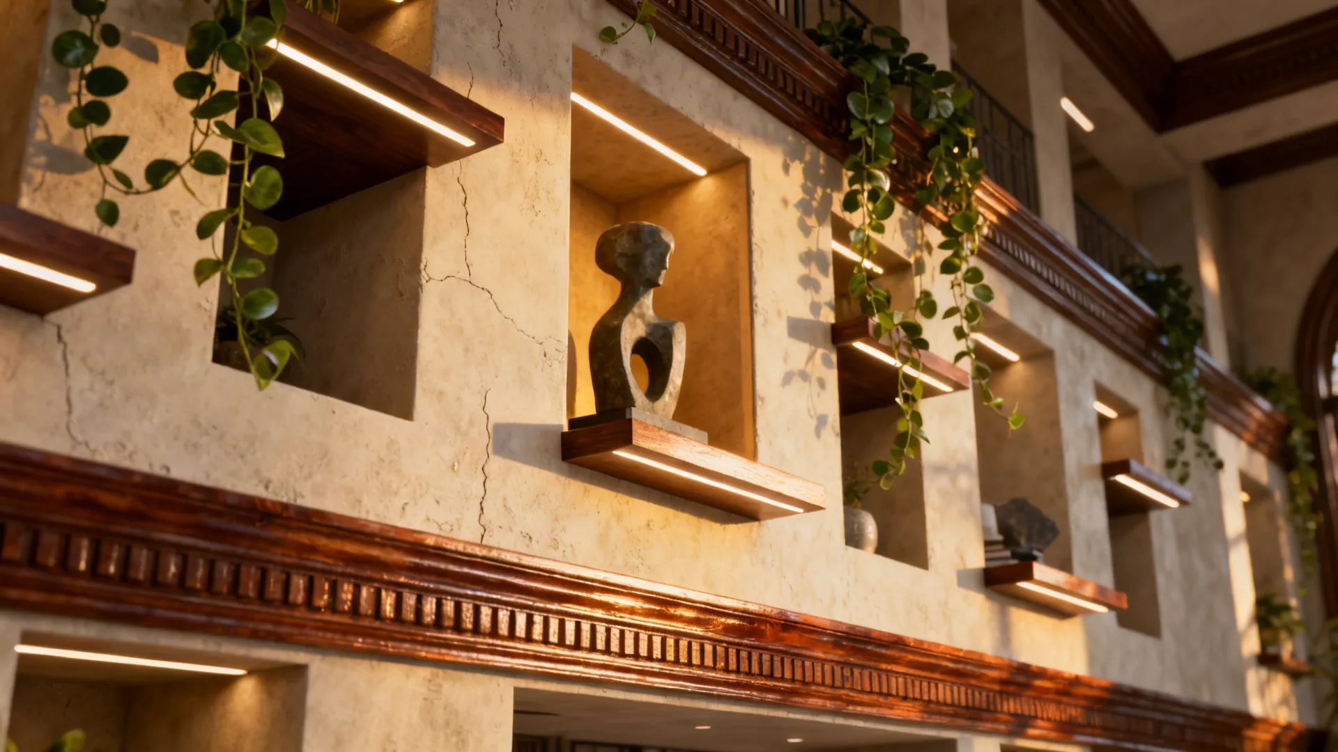 Stacked niches and ledges creating pockets of intimacy on a double-height wall with integrated lighting