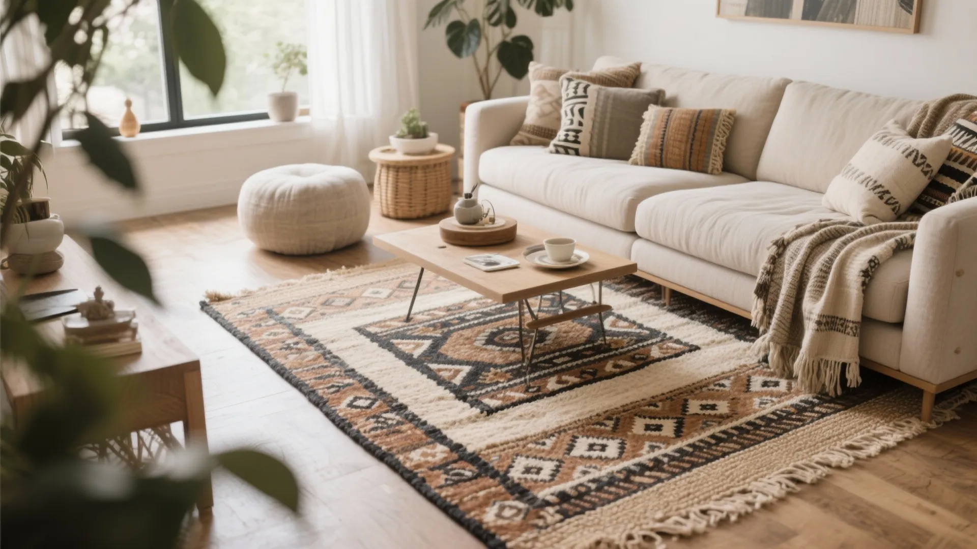 Living room with patterned rug layered over a large jute rug