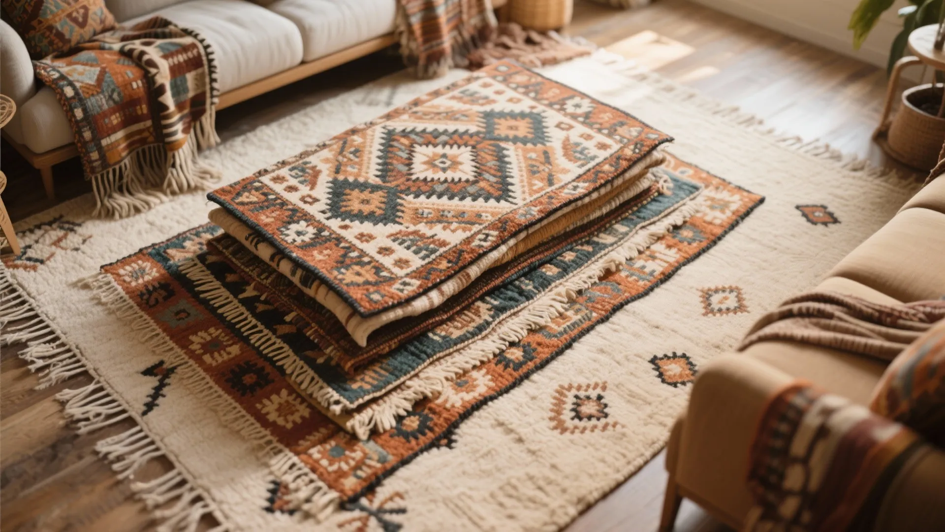 Layered patterned and neutral rugs in a boho living room
