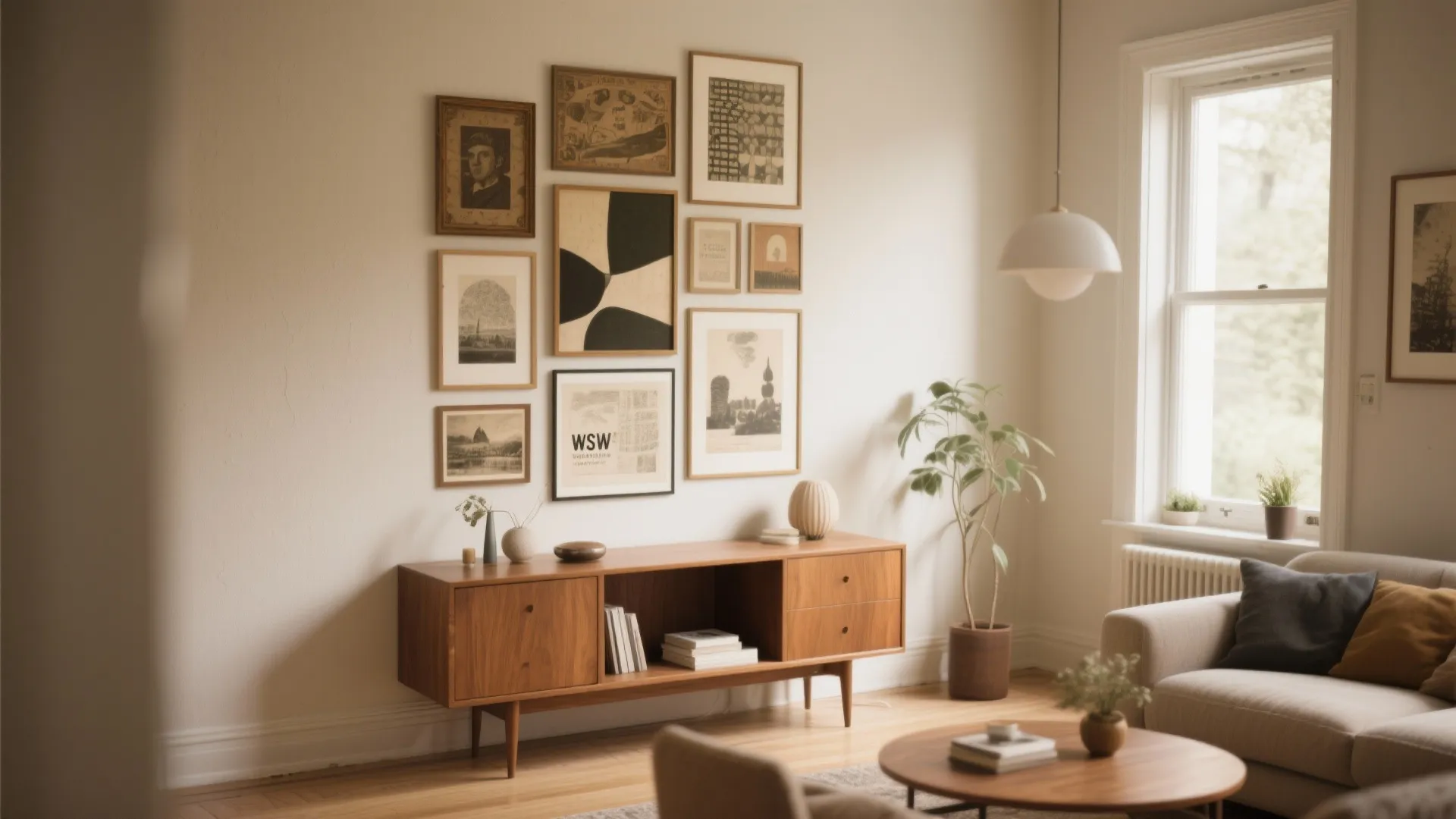Console table with layered art in vintage and modern frames