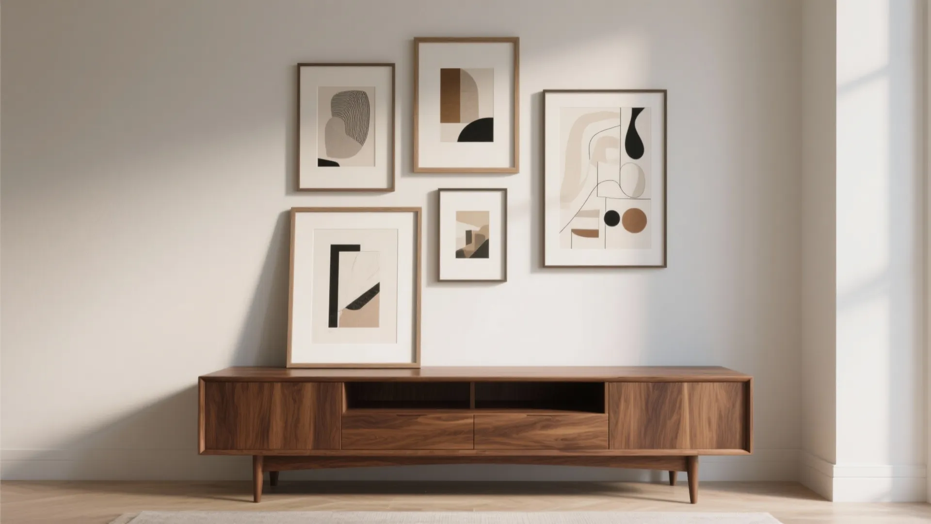 Layered framed artworks above a walnut console table