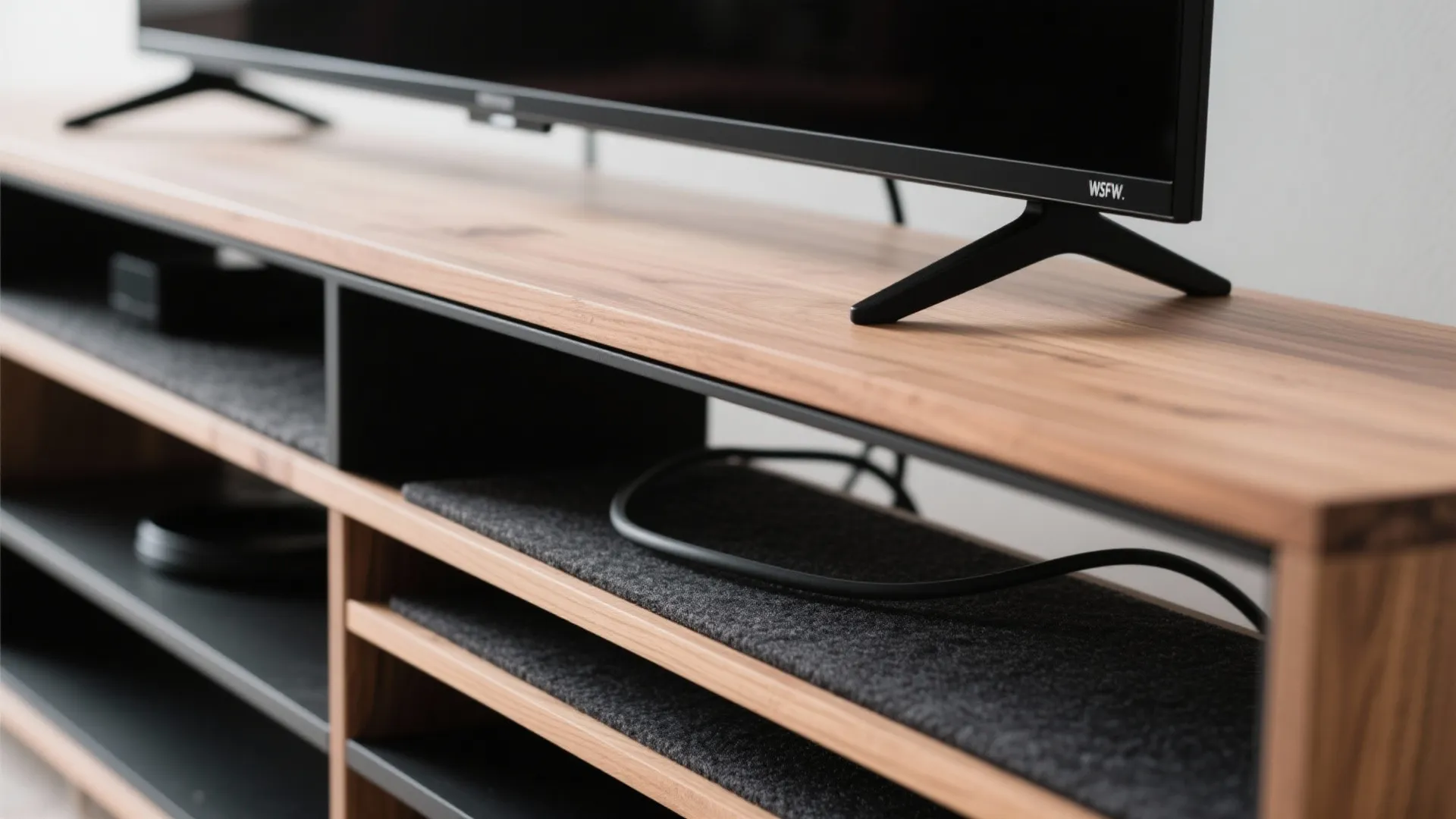 Low, long media console with layered art