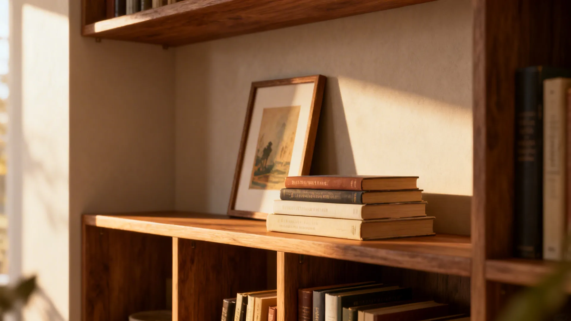 Shelf with a framed print leaned behind a short stack of books creating depth.