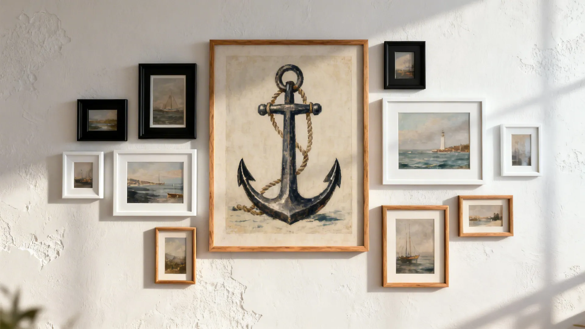 White wall gallery with a large anchor artwork and mixed frames at varied heights.