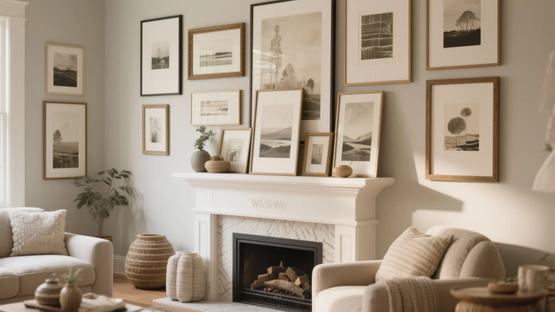 2. Layered Artwork Above the Mantel