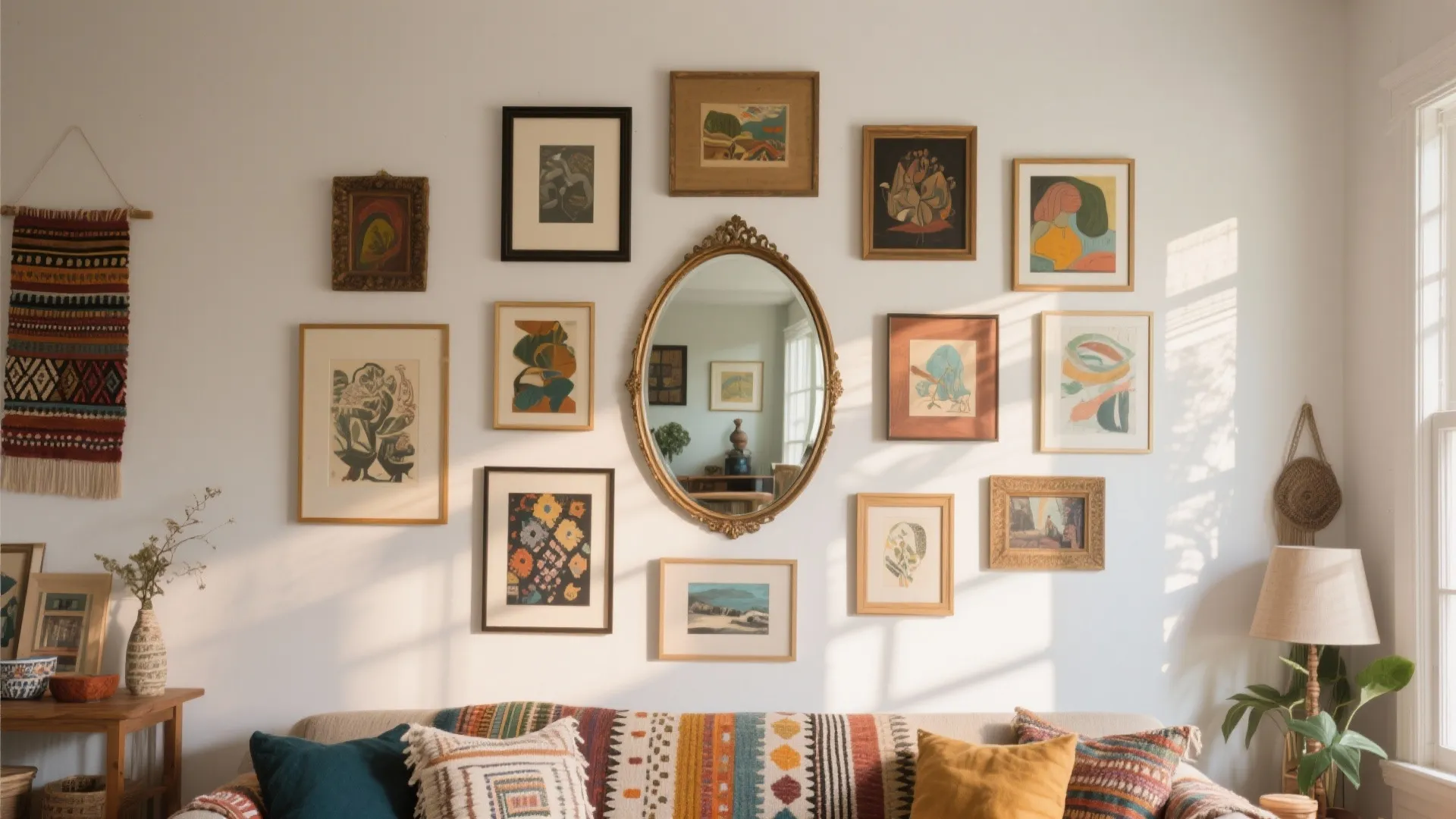 Layered Wall Art Around the Oval Mirror