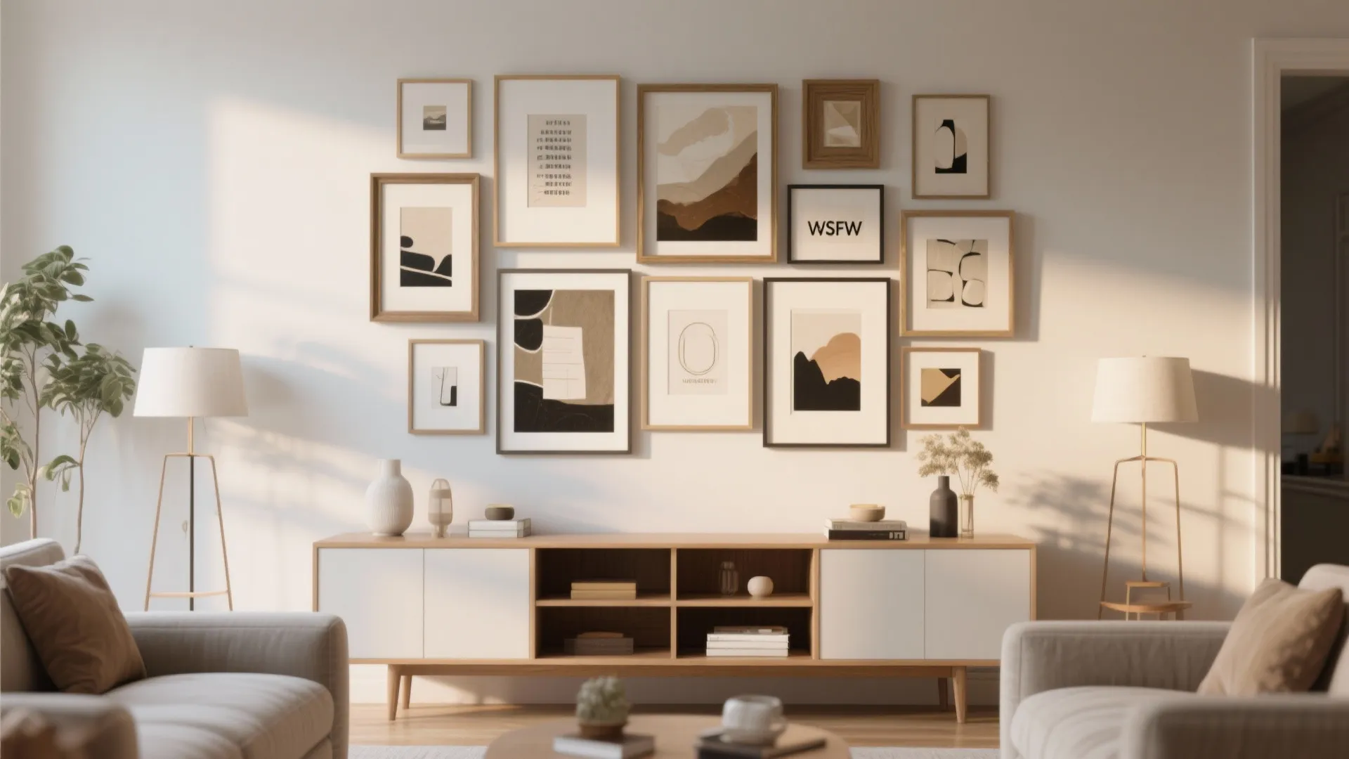 Console table with overlapping layered artwork in living room