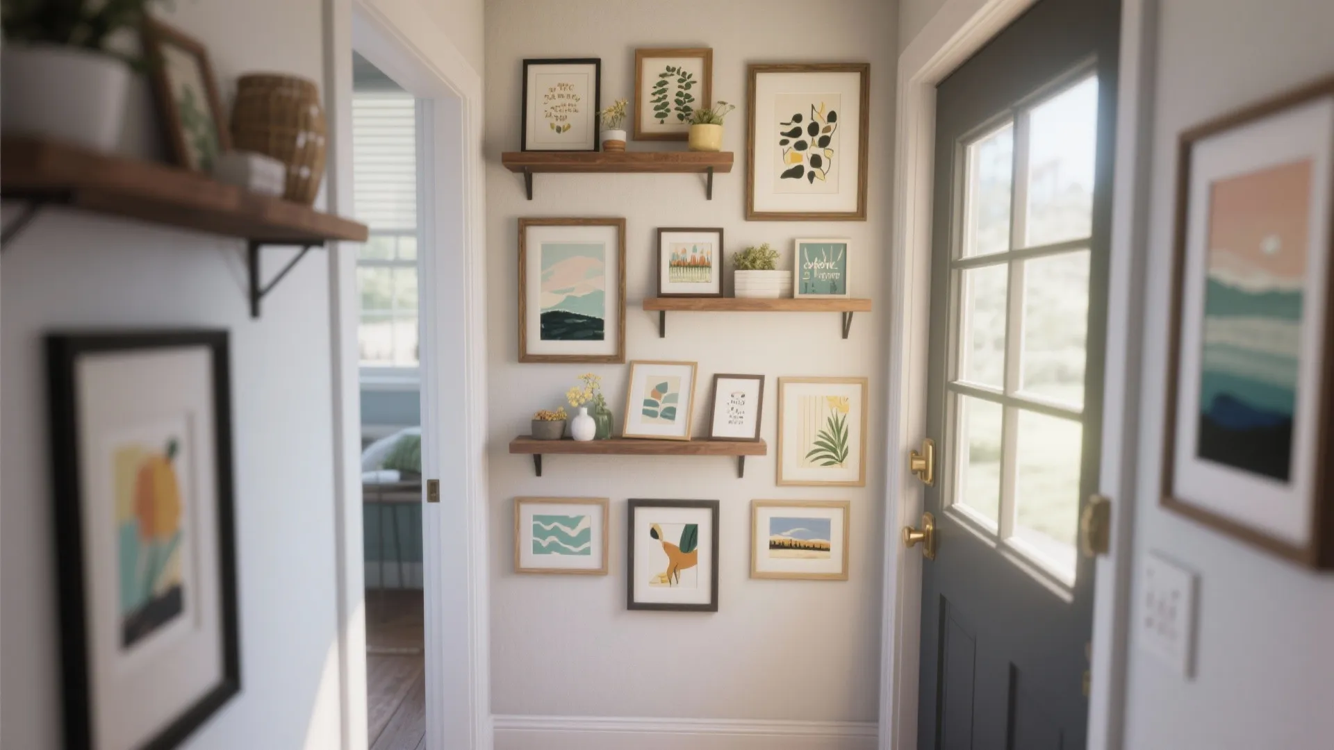Entryway wall with many framed art prints and wooden shelves holding small green indoor plants