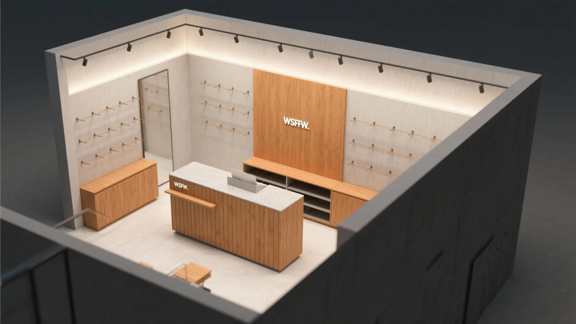 Modern retail store layout with wooden service counter track lights display shelves and minimalist interior design