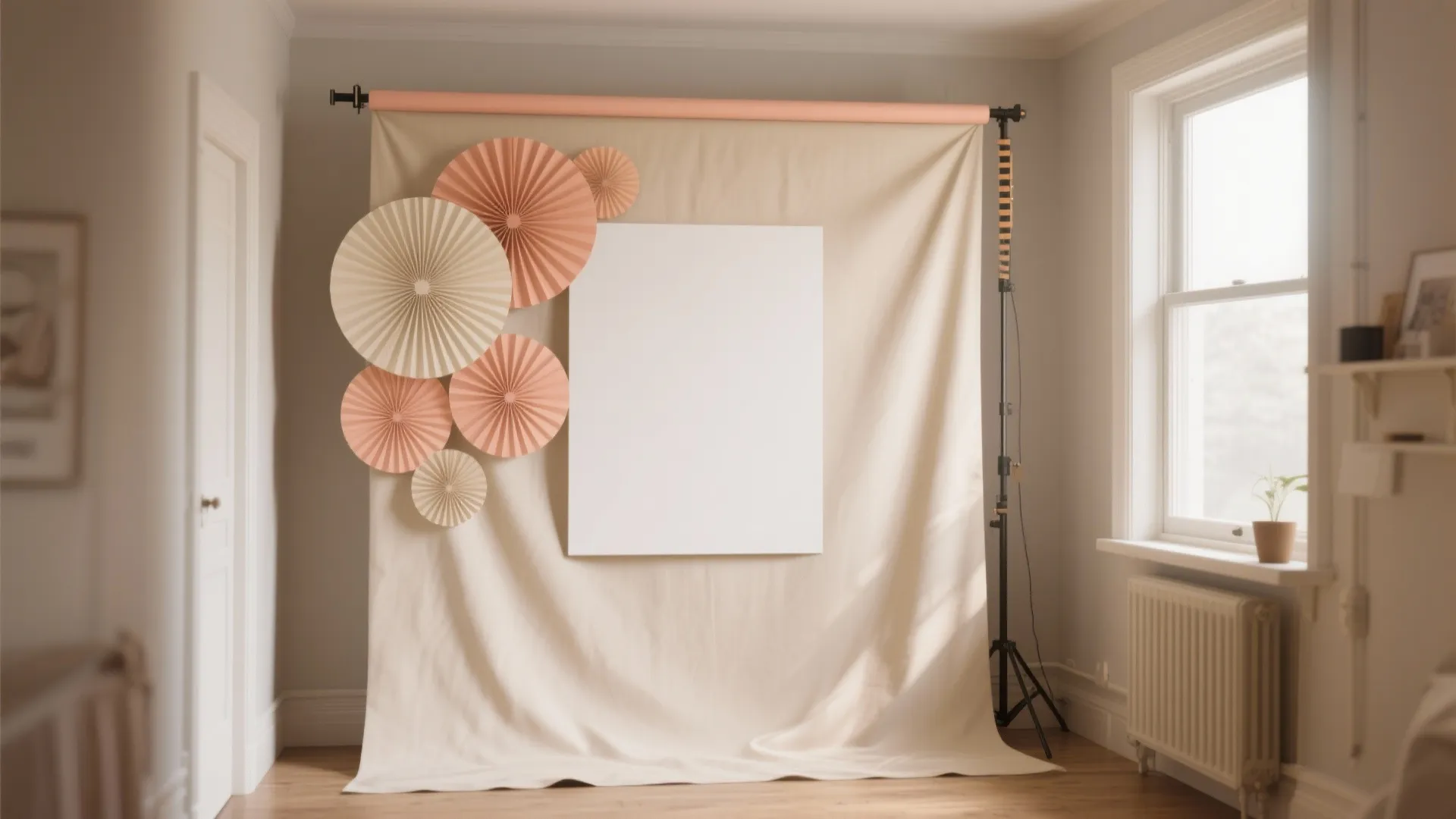 Layered Backdrop: Fabric + Paper Fans + Banner