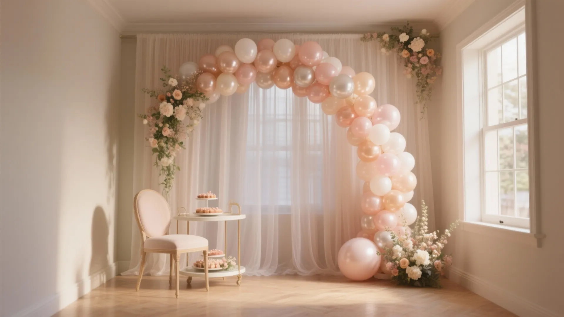 Layered backdrops: fabric + arch + balloons