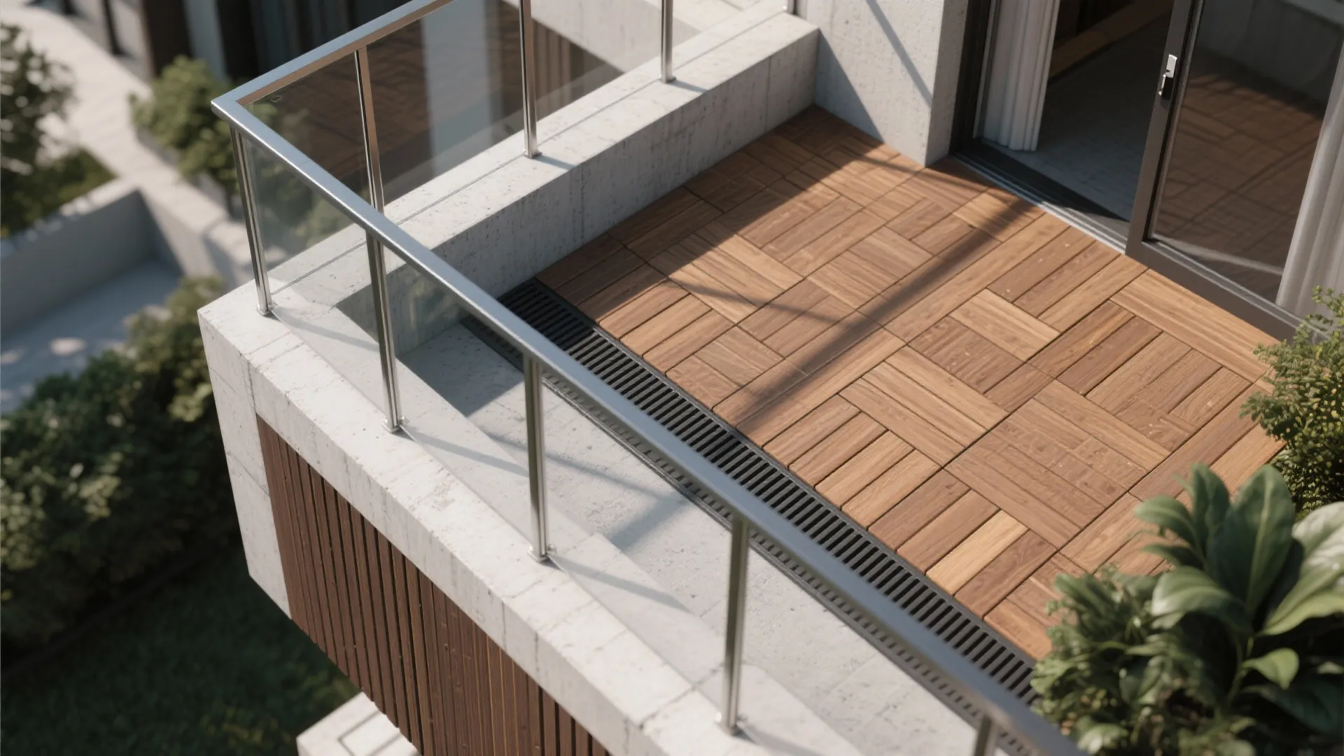 High angle view of balcony floor with wooden deck tiles metal drainage grate and railing