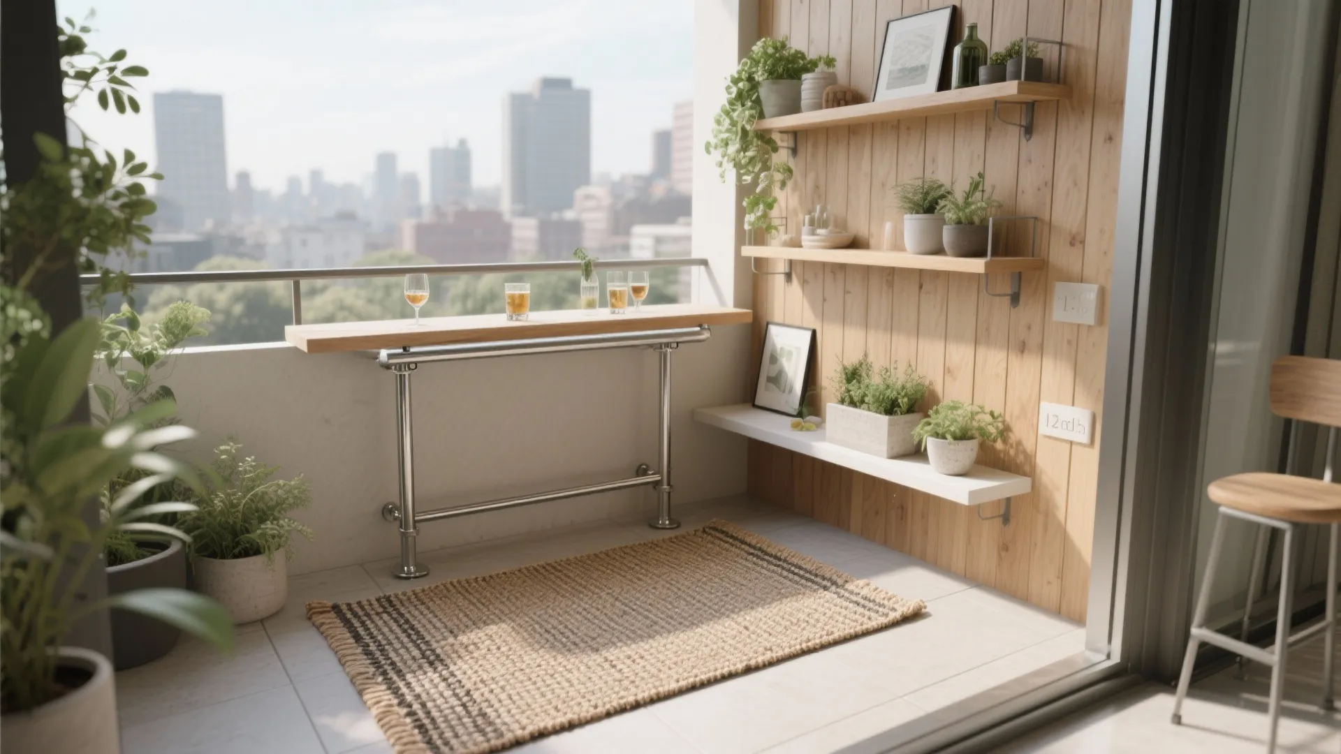 Layered small balcony with a woven rug, clamp-on rail bar, and slim leaning shelves.