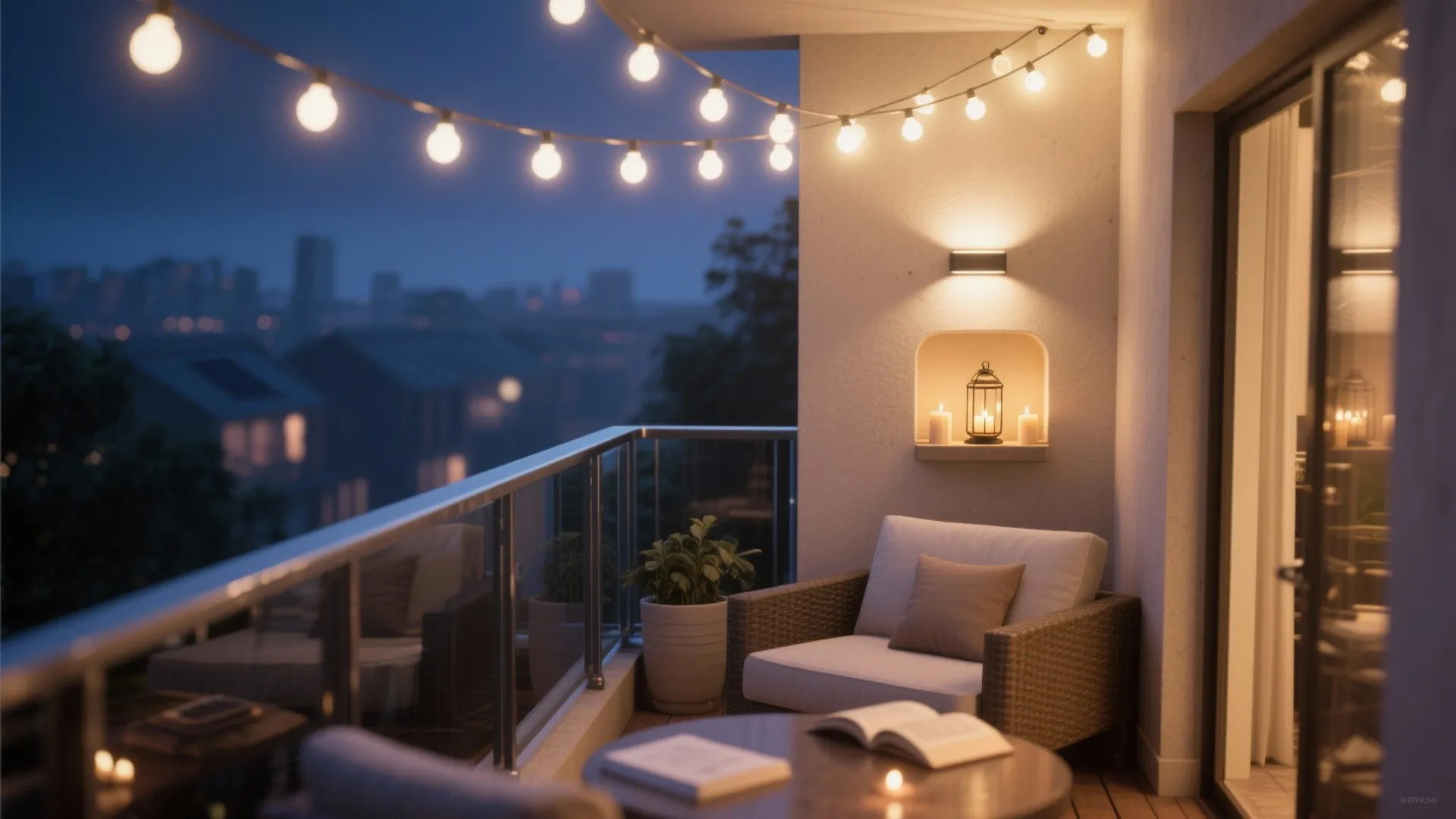 Cozy evening balcony with string lights wicker sofa small table potted plant and warm wall light