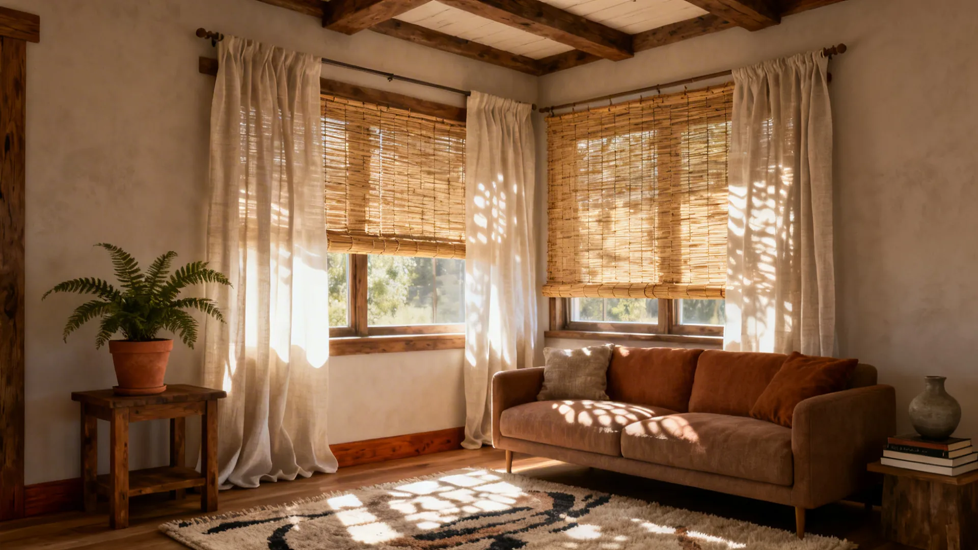 Living room with brown sofa white curtains wooden table green plant and natural bamboo shades