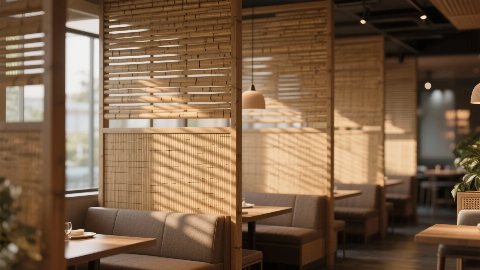 Restaurant interior with bamboo wall panels separating wooden tables and comfortable grey sofa seating layout