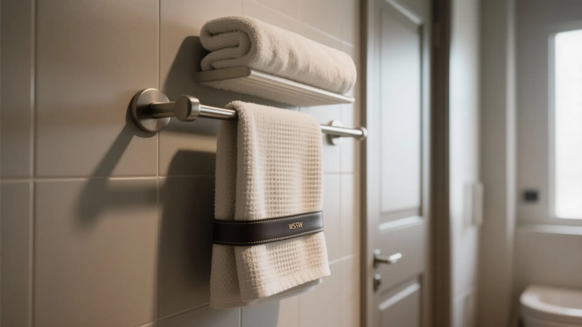 Layered bath towel, hand towel, and washcloth on a single bar with a slim leather strap.