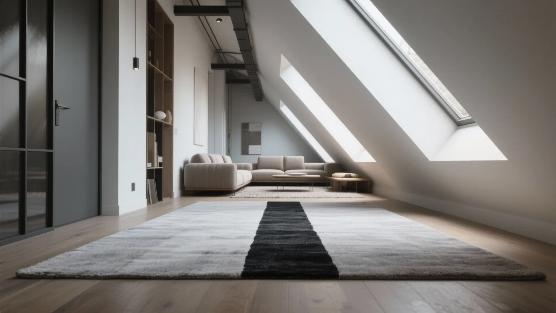 1. Layer a light grey rug under a black statement runner