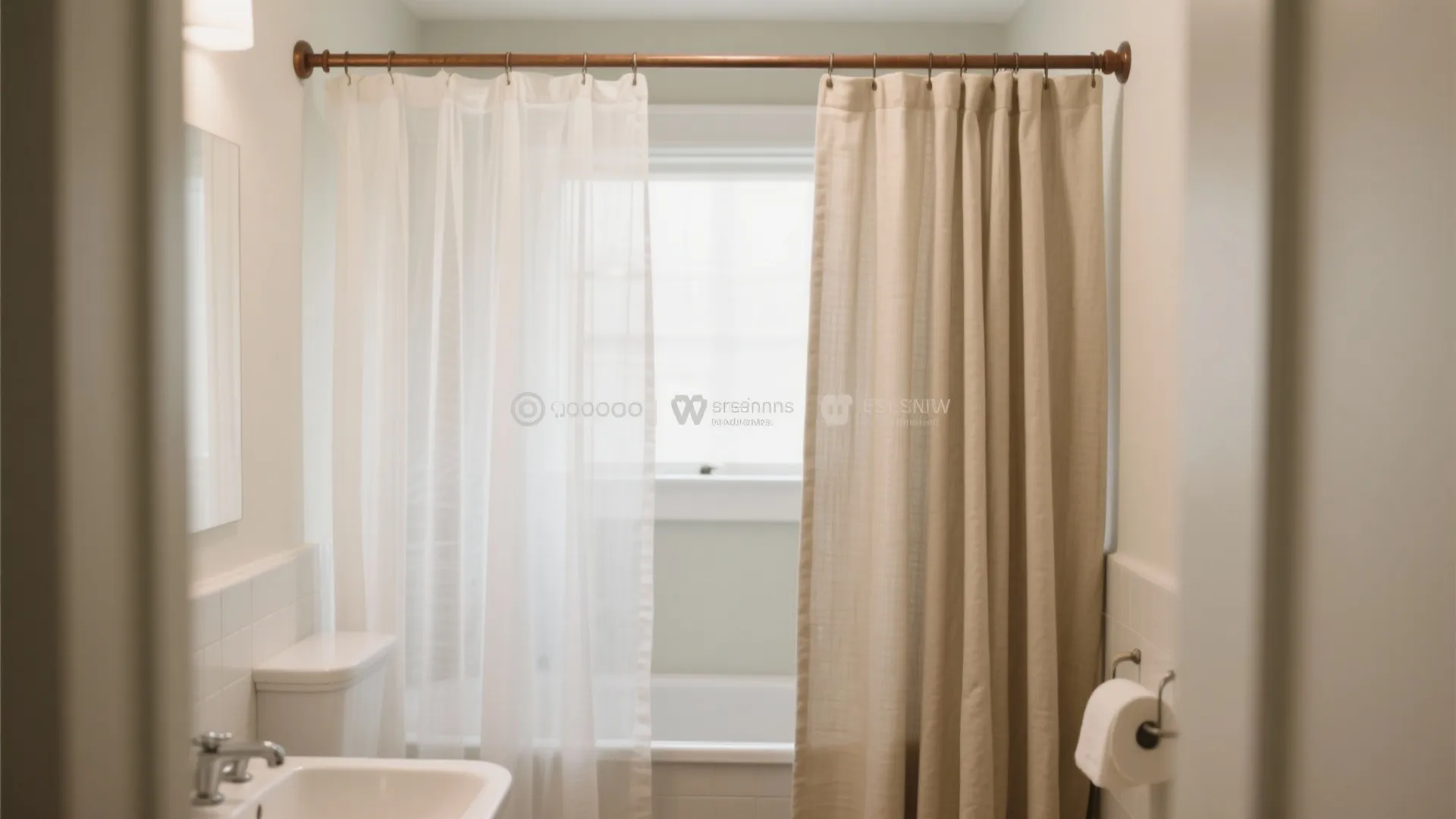 Bathroom interior with layered white and beige shower curtains hanging on a wooden curtain rod
