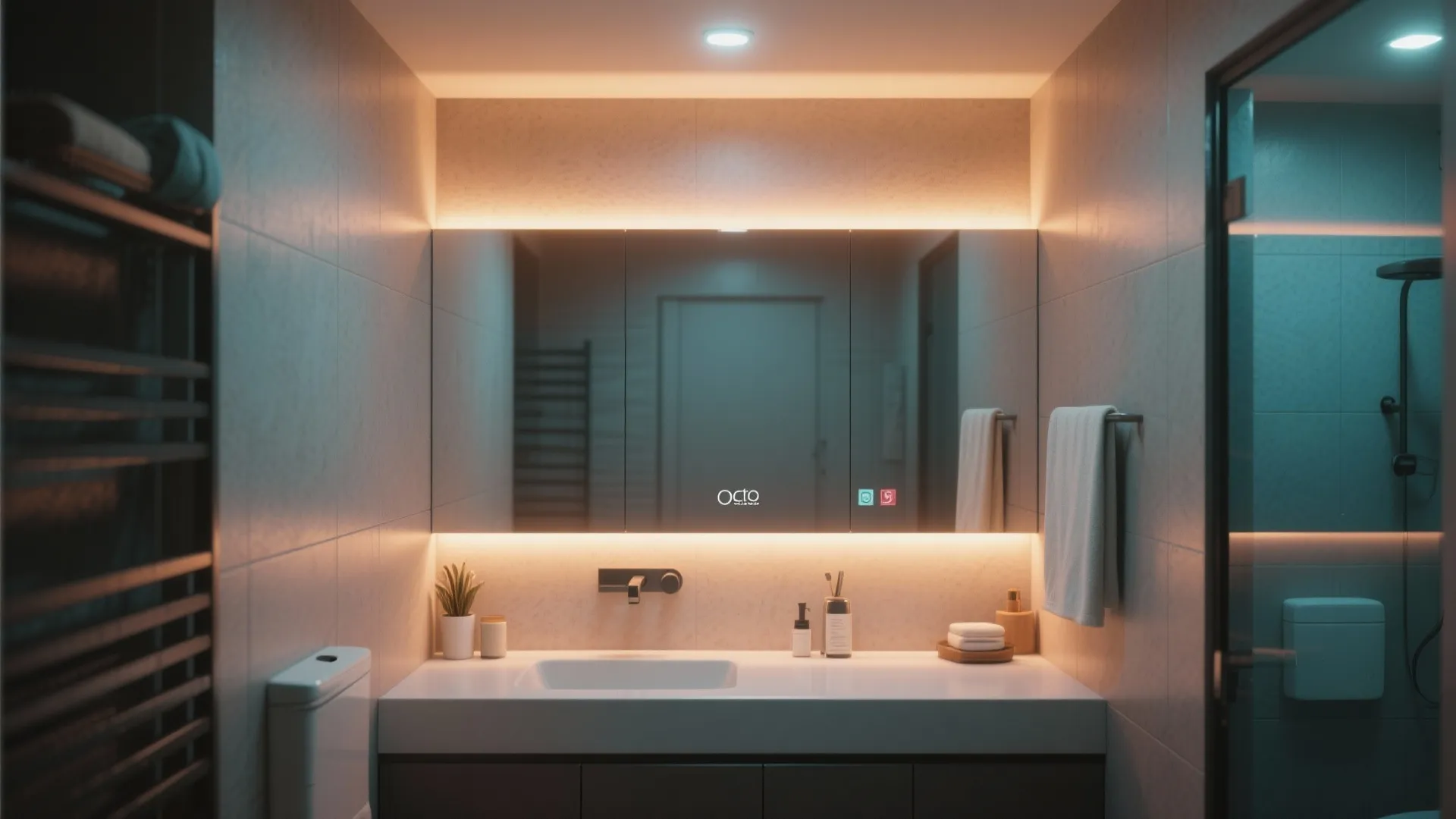 Modern bathroom with warm orange light around mirror and blue light in the shower area