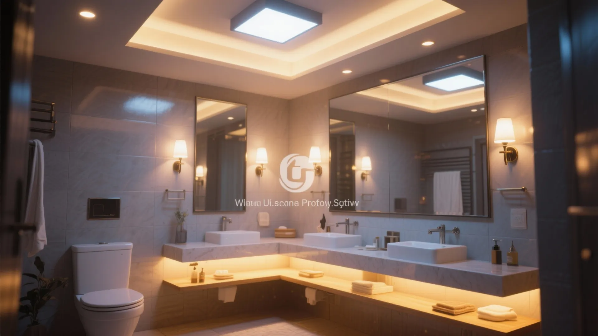 Modern bathroom with double sink vanity marble counter wall lights ceiling light and warm glow