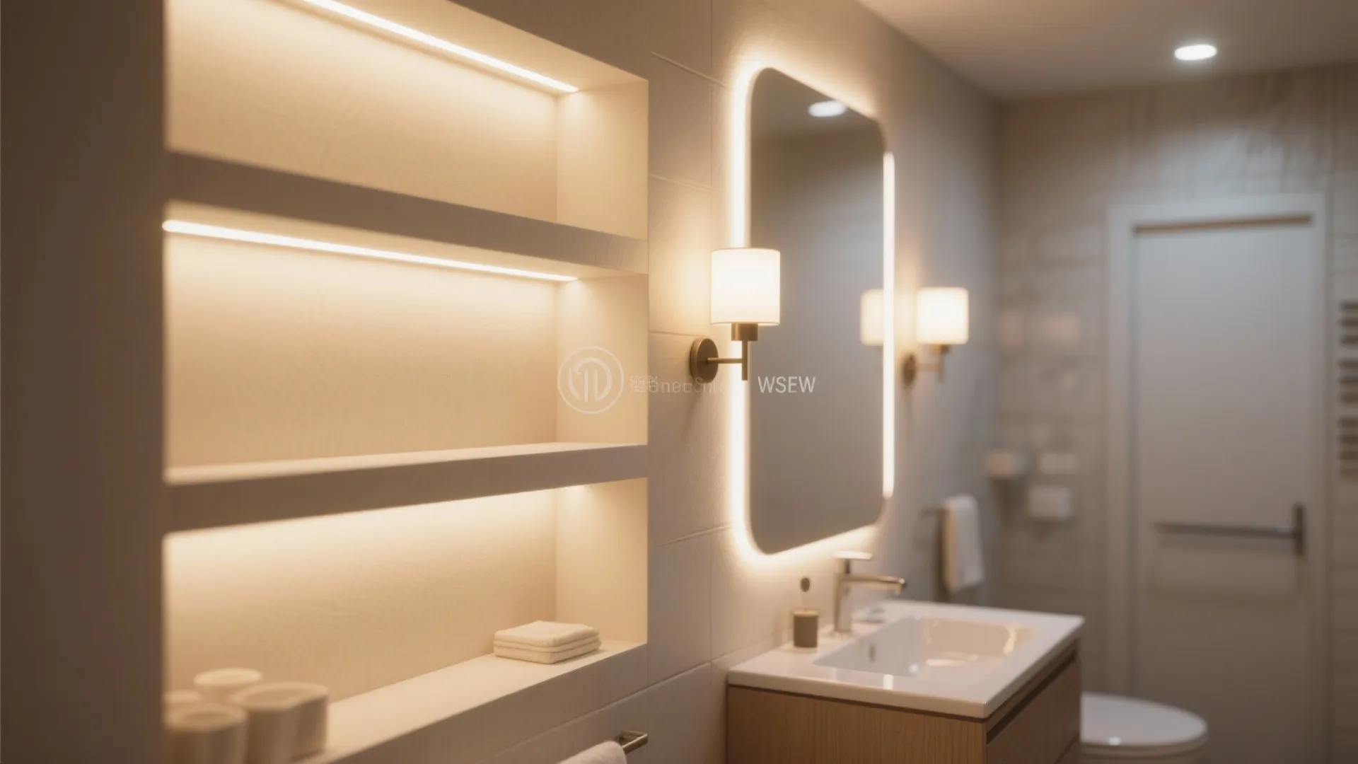 Modern bathroom featuring warm wall lights integrated shelving backlit mirror white sink and wooden vanity cabinet