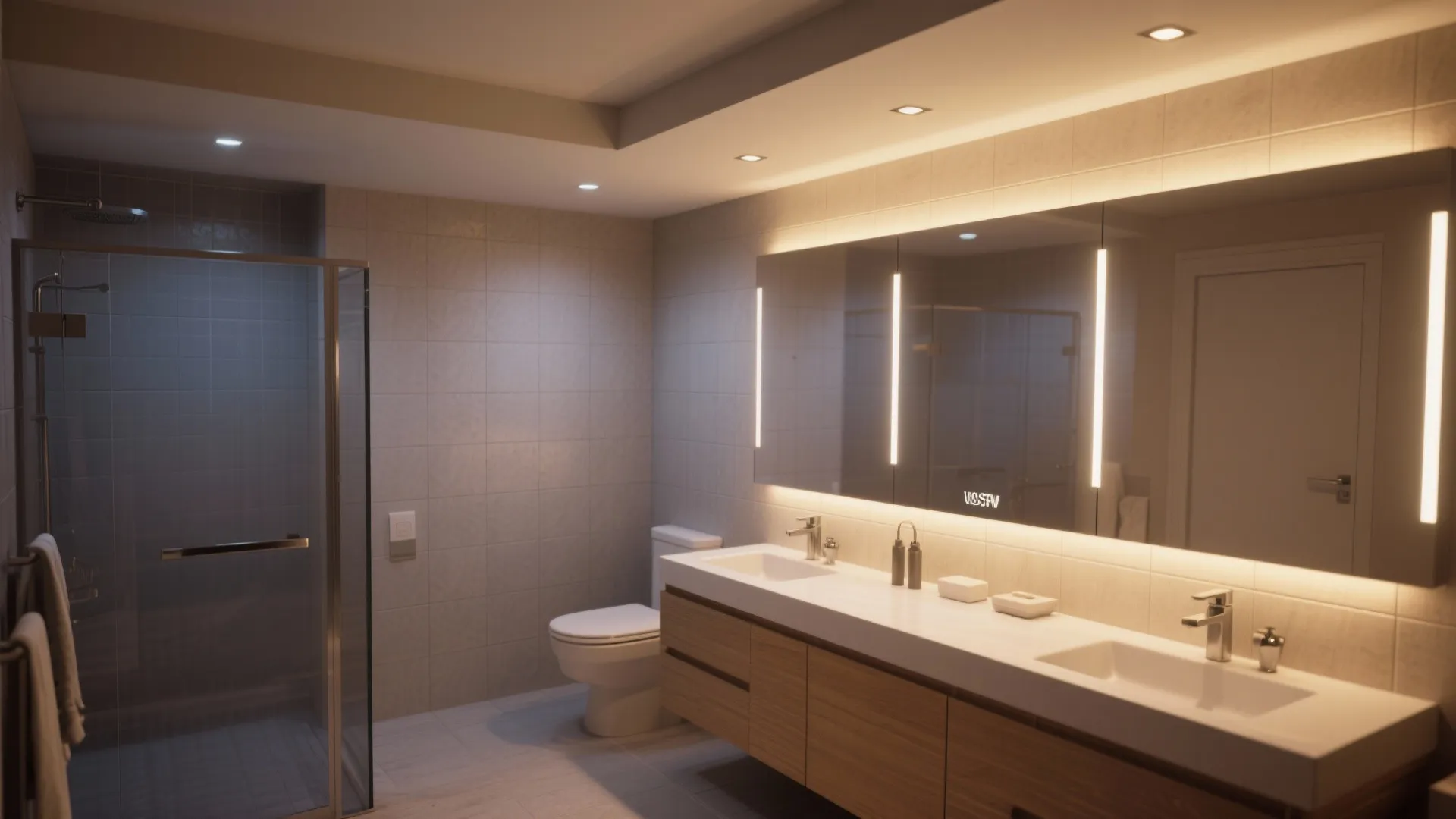 Modern bathroom interior design drawing with large lighted mirror wooden cabinet toilet and glass shower
