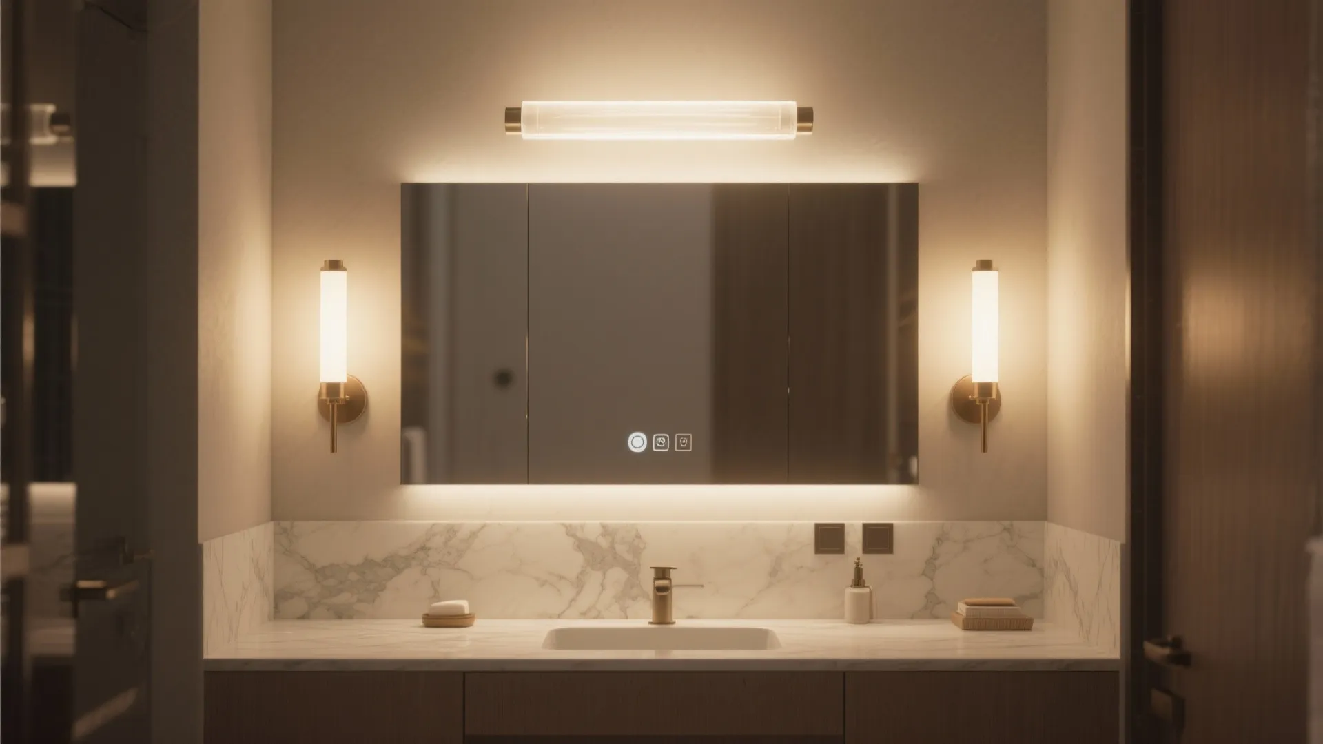 2. Layered lighting with a dimmable sconce above the mirror