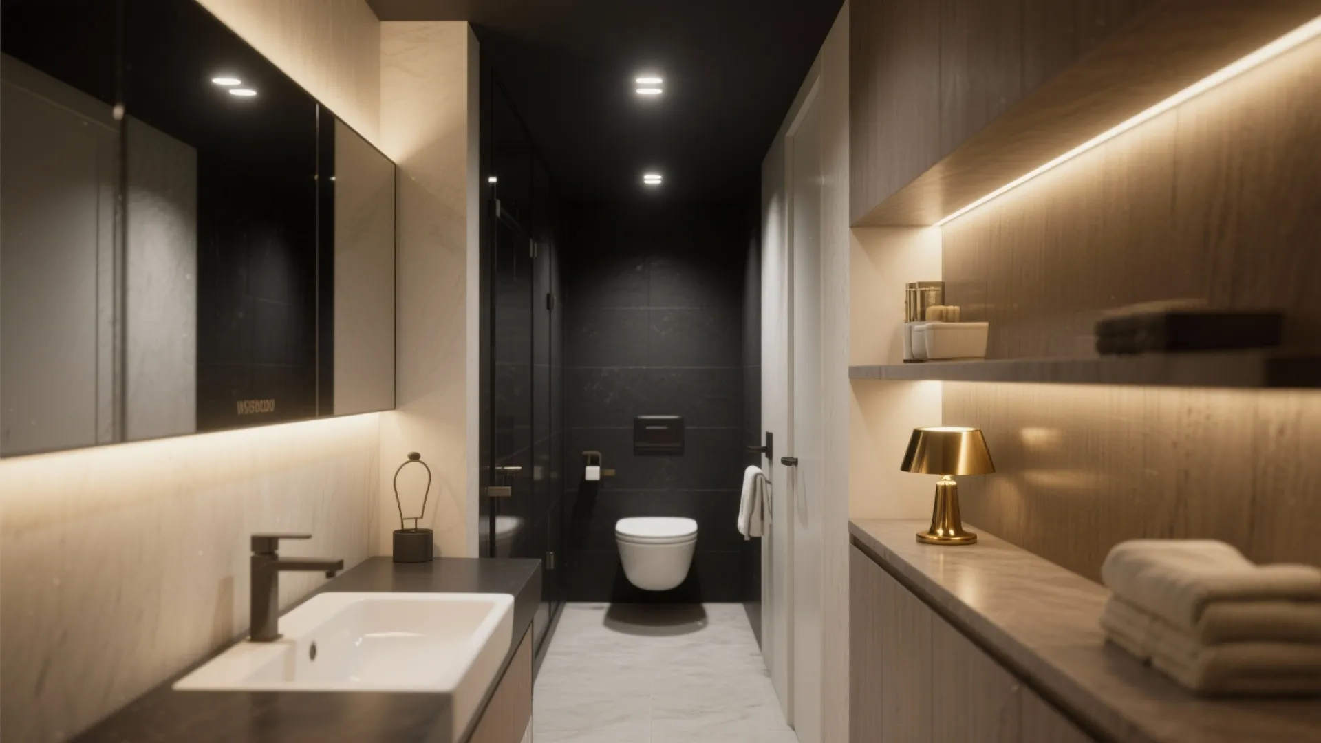 5. Layered Lighting: Recessed Black Downlights + Gold Accent Lamp