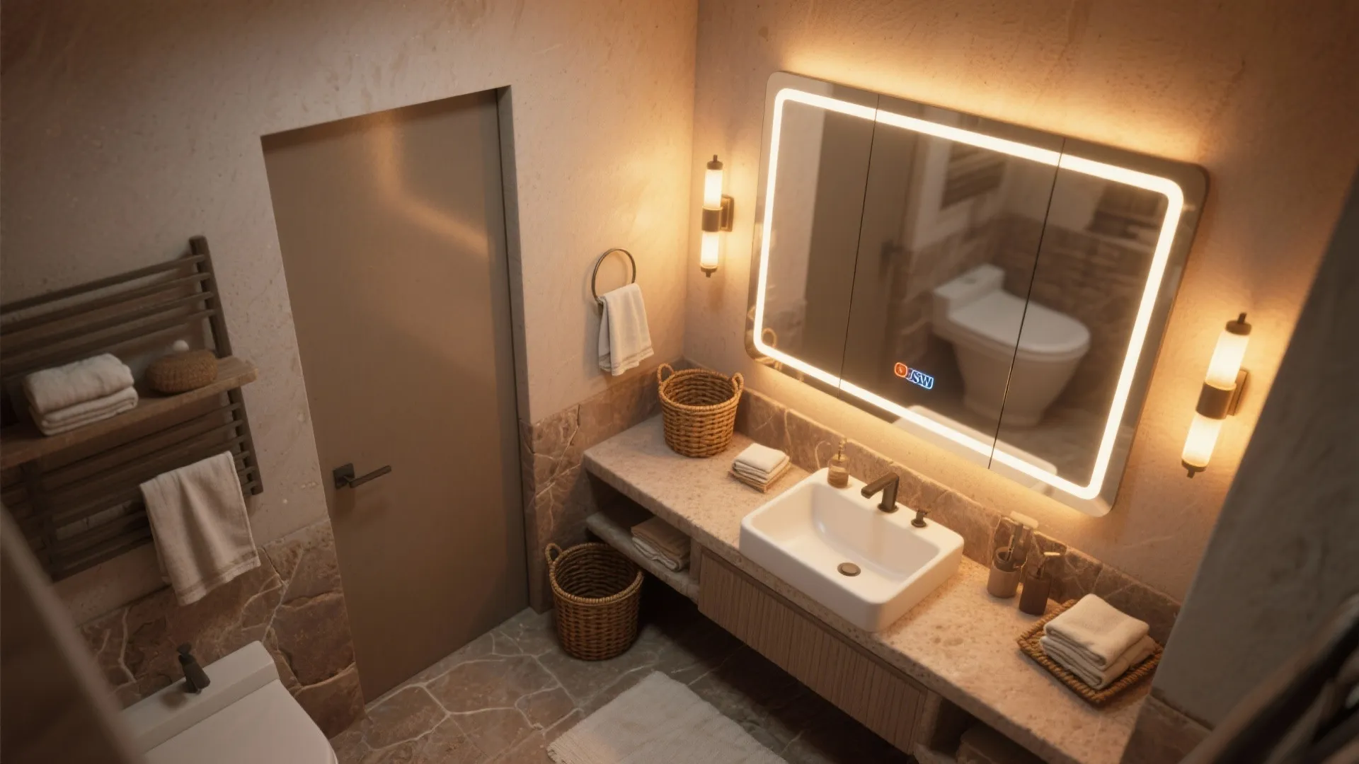 Modern bathroom top view with white sink lit mirror wall lights and stone floor tiles