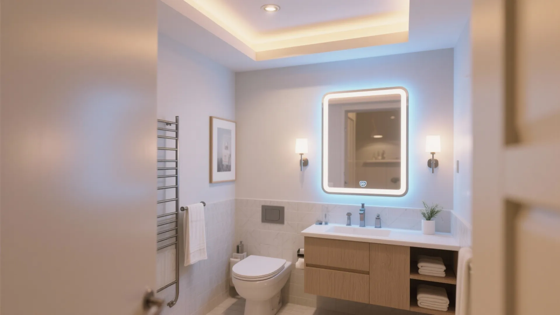 Bright bathroom featuring a square light mirror wooden cabinet white toilet and warm ceiling lighting