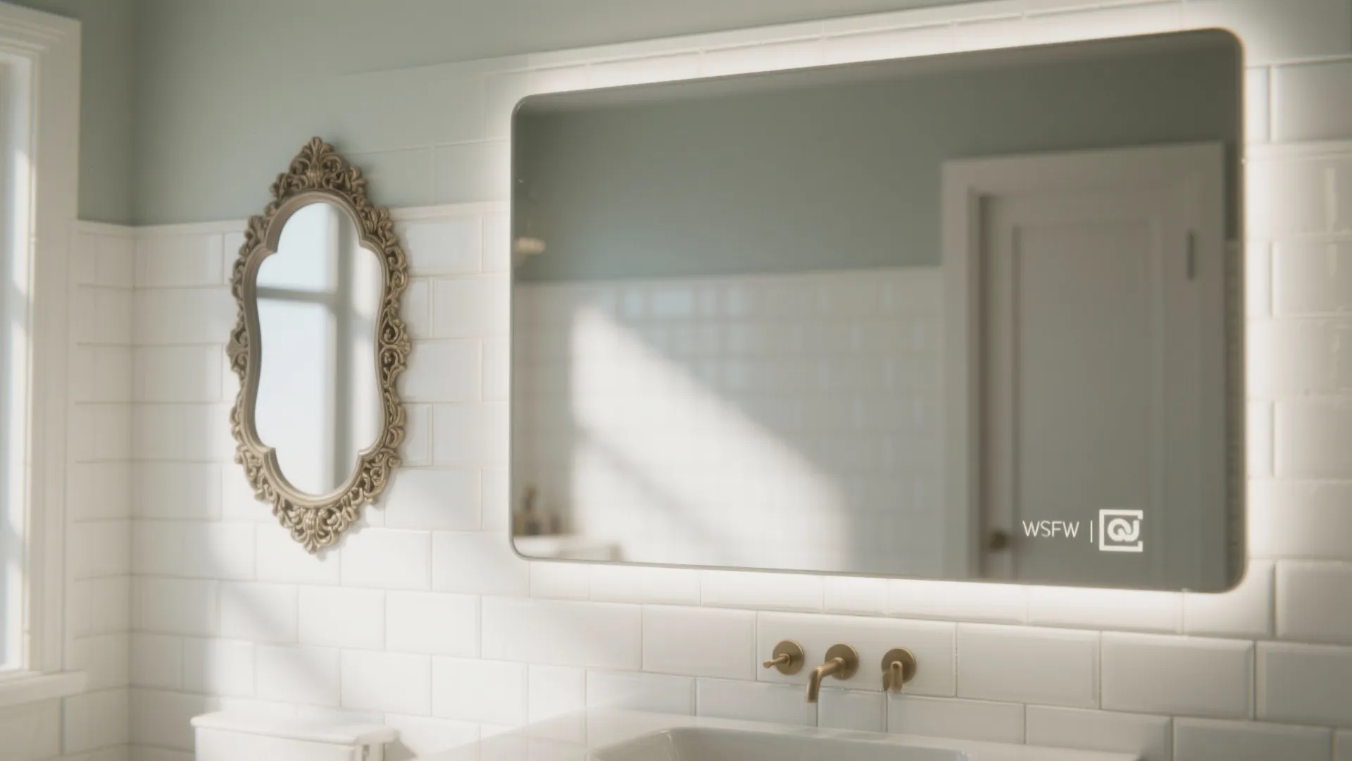 Smaller ornate mirror over larger plain mirror in bathroom