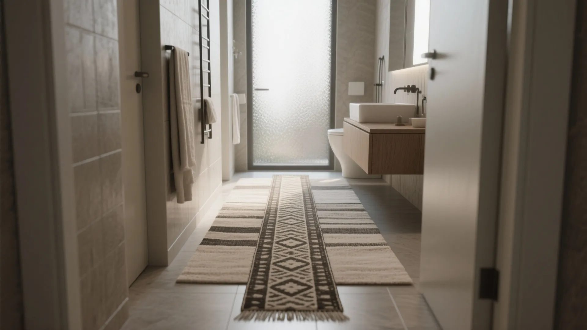 Two layered patterned rugs on bathroom floor leading towards a glass shower door and sink