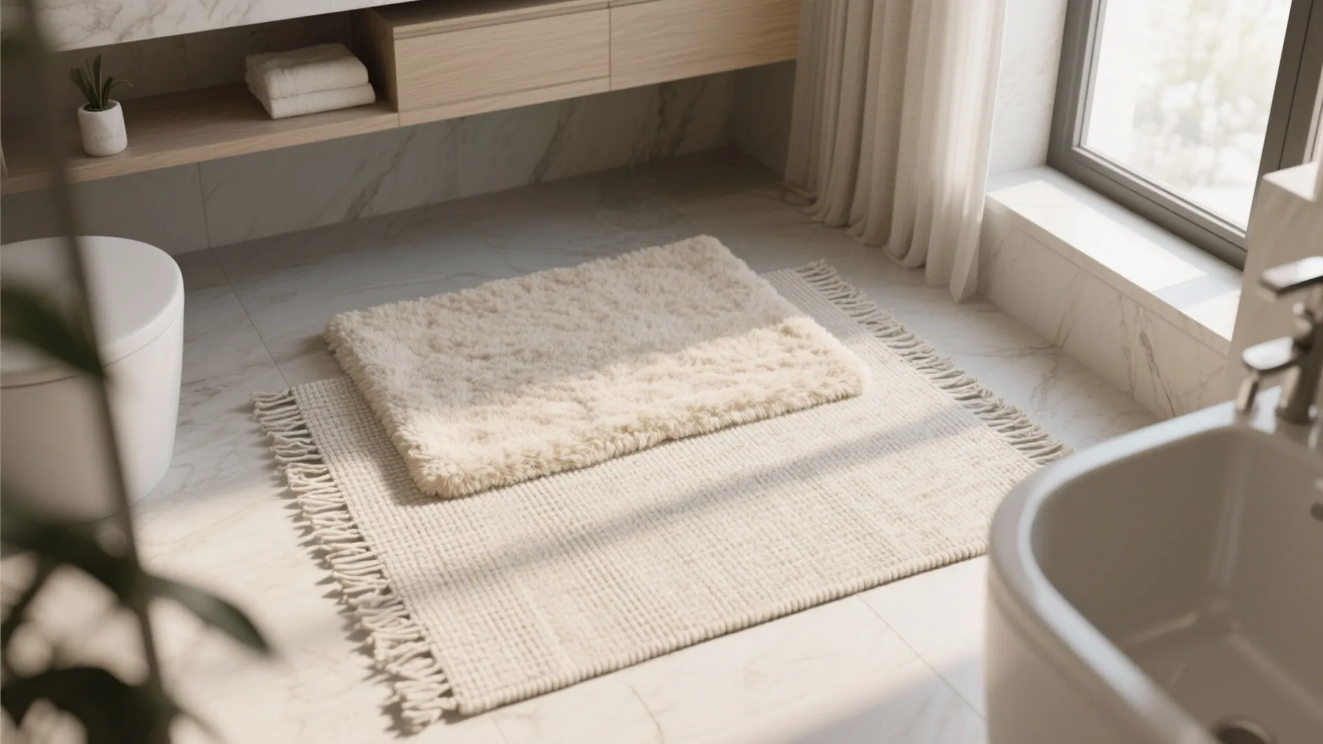 Two layered cream bathroom rugs on marble floor next to a white bathtub and window