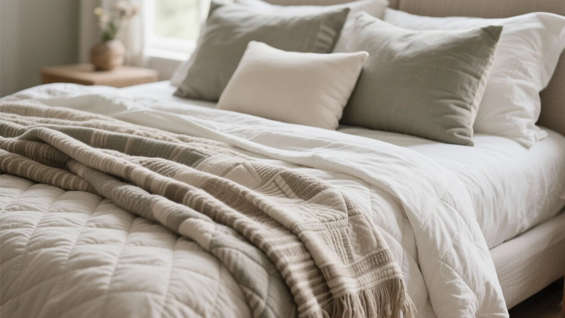 Close up of layered bedding with white sheets, green pillows, and a textured beige blanket